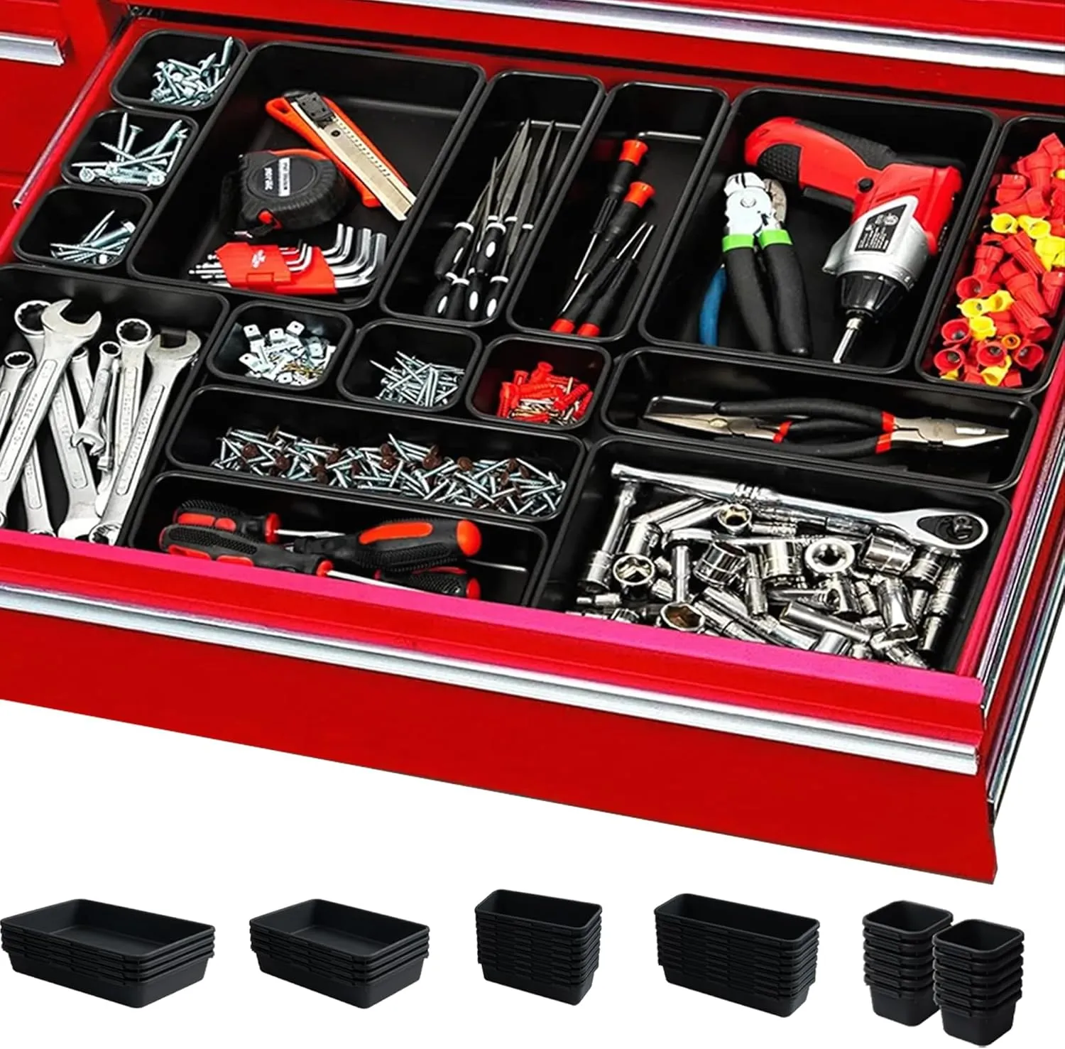 [𝐔𝐩𝐠𝐫𝐚𝐝𝐞𝐝] 𝟔𝟓 𝐏𝐂𝐒 Tool Box Organizer Tray 𝟓 𝐒𝐢𝐳𝐞𝐬 Desk Drawer Organizers Garage Storage Toolbox Divider Trays for Tool Chest Cart Cabinet Workbench Hardware Organization