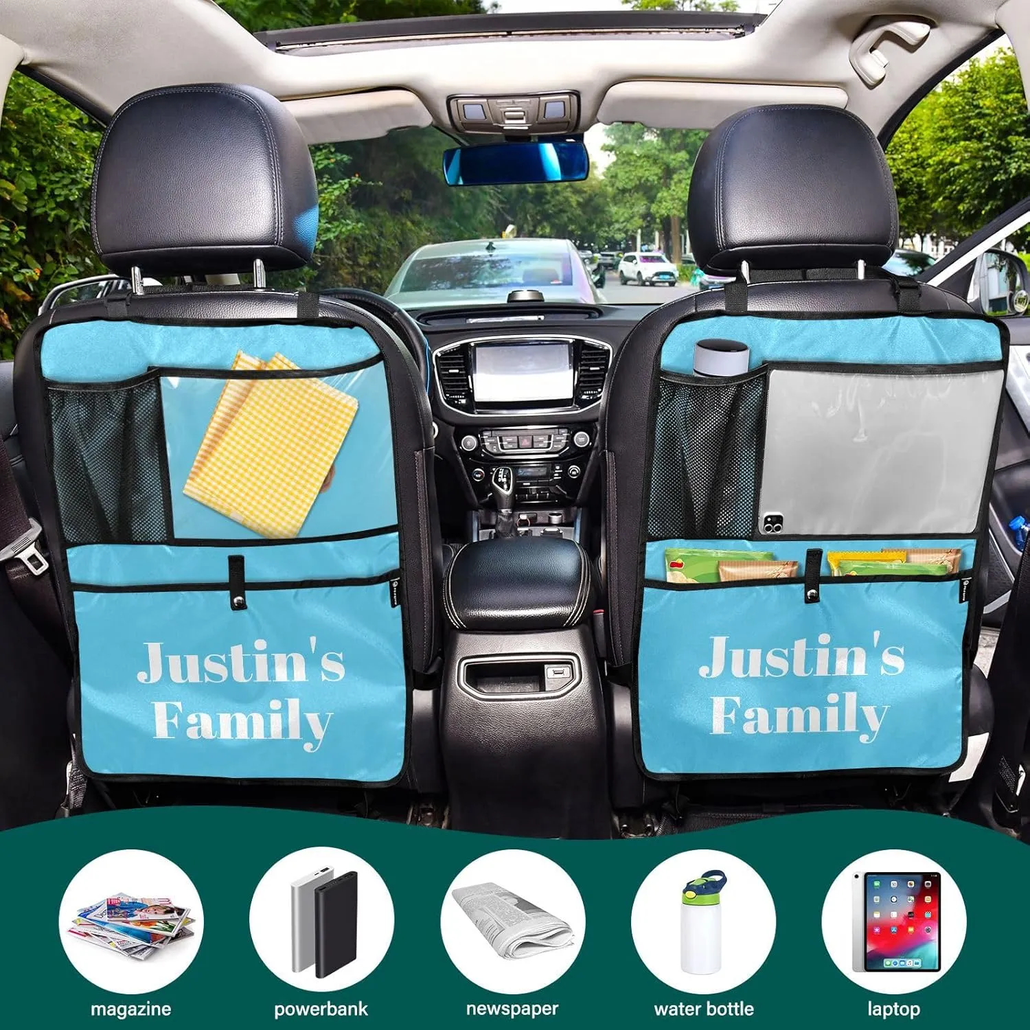 1 Blue Light Custom Car Seat Protector Kick Mats Back Seat Covers 1 PCS Car Storage Organizer Backseat Car Organizer for Truck Cars Suv Men Women Car Accessories with PVC Pocket