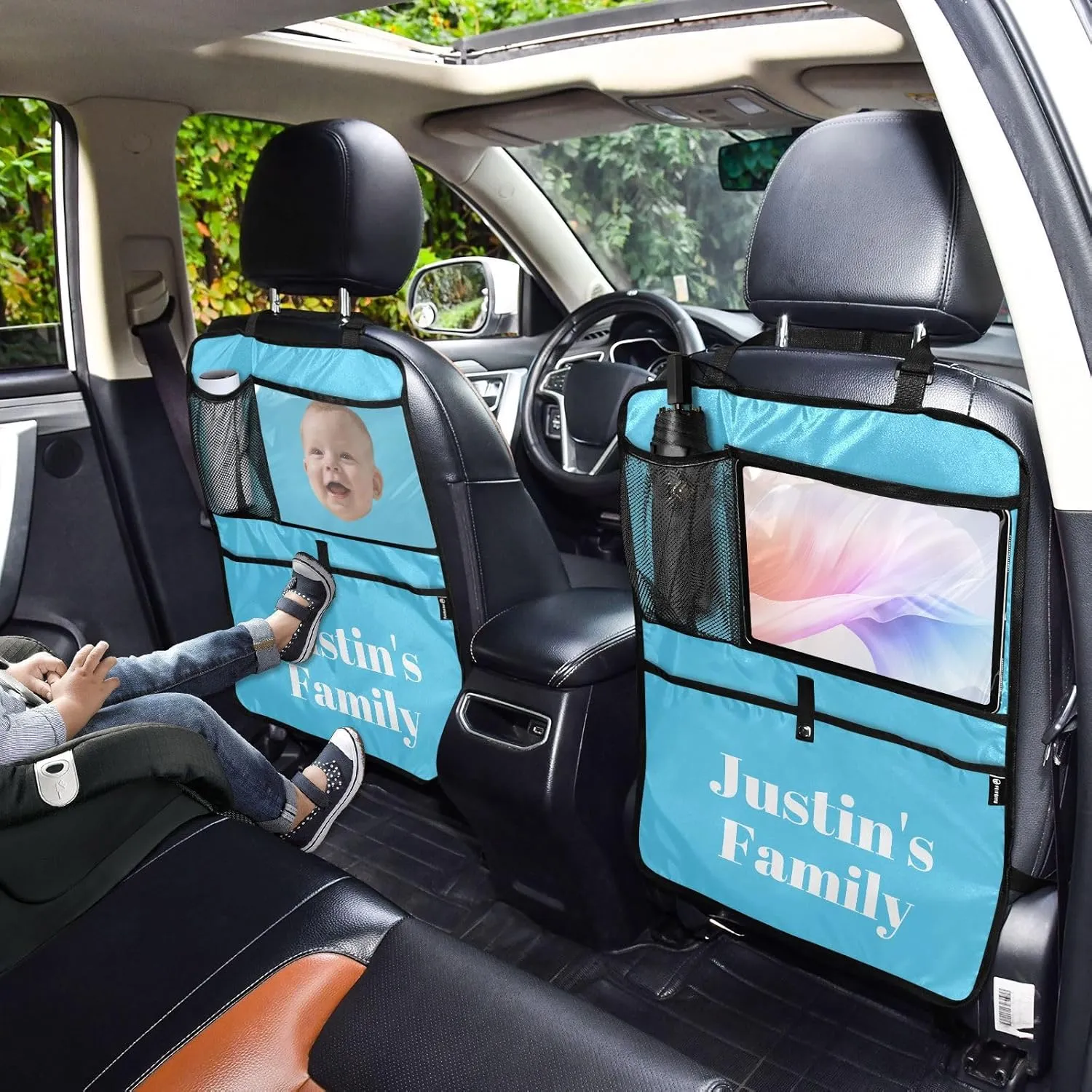 1 Blue Light Custom Car Seat Protector Kick Mats Back Seat Covers 1 PCS Car Storage Organizer Backseat Car Organizer for Truck Cars Suv Men Women Car Accessories with PVC Pocket