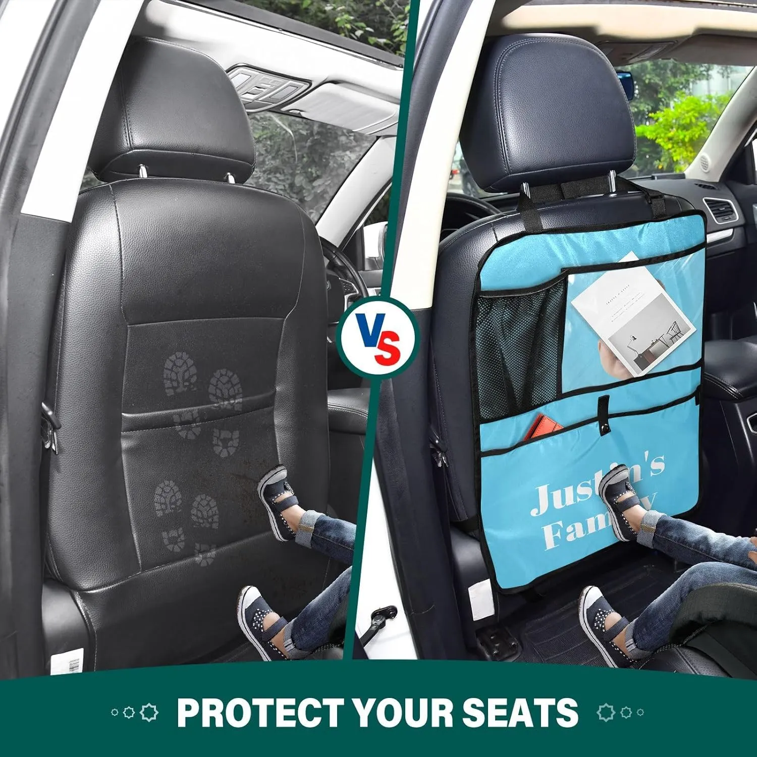 1 Blue Light Custom Car Seat Protector Kick Mats Back Seat Covers 1 PCS Car Storage Organizer Backseat Car Organizer for Truck Cars Suv Men Women Car Accessories with PVC Pocket