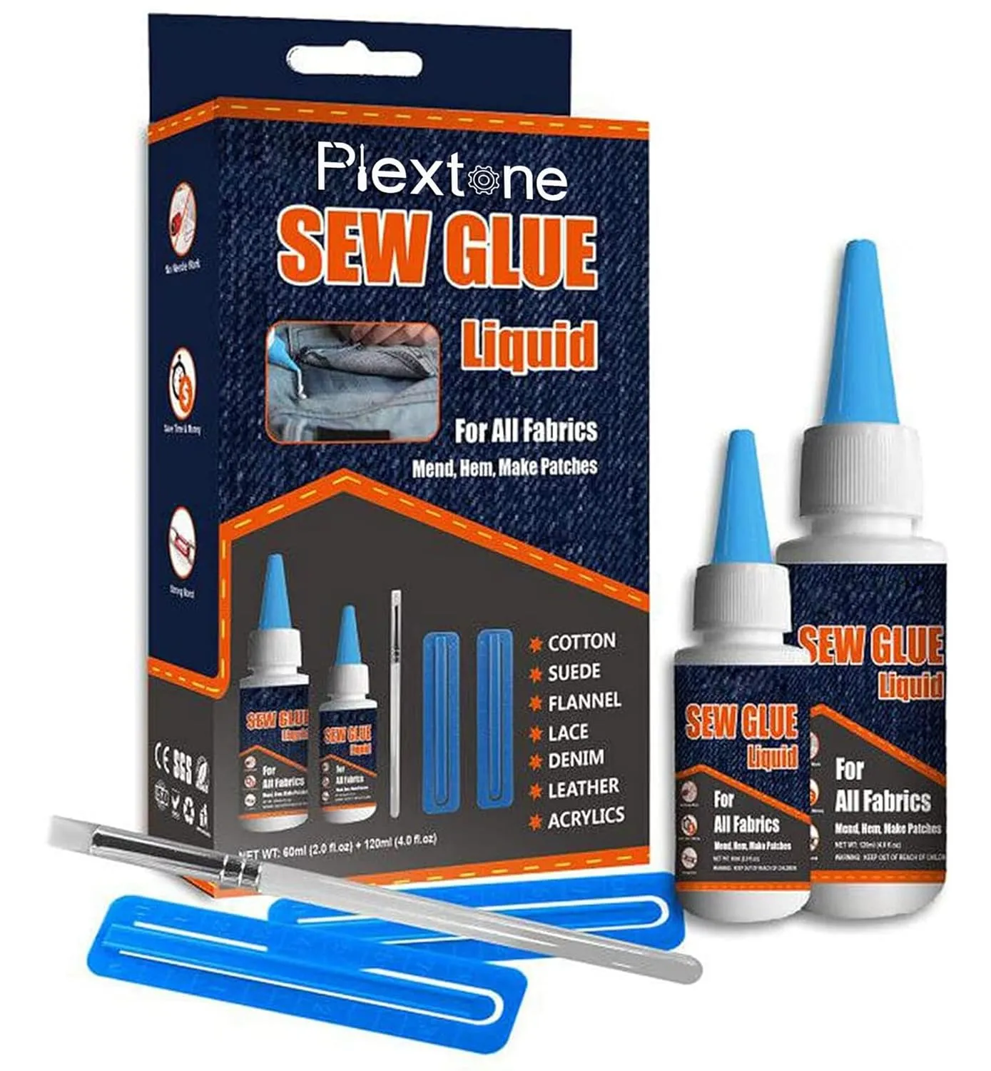 1 Min Quick Bonding Fast Dry Sew Glue Liquid Natural Latex Art Glue Reinforcing Adhesive Speedy Fix for All Fabrics Clothing Cotton Flannel Denim Leather Polyester Doll Repair (60ml 120ml)