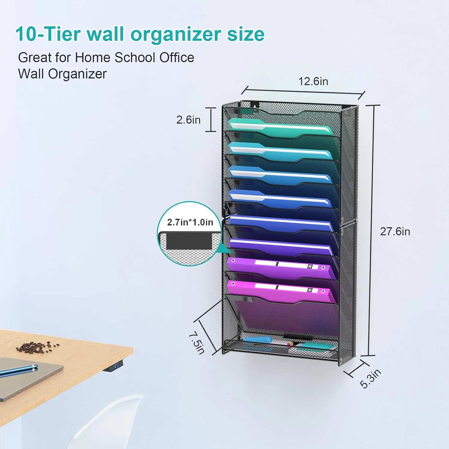 10-Tier Wall File Organizer, Black Metal Mesh Wall Mounted Mail Folder Paper Document Holder Magazine Rack, Office Home