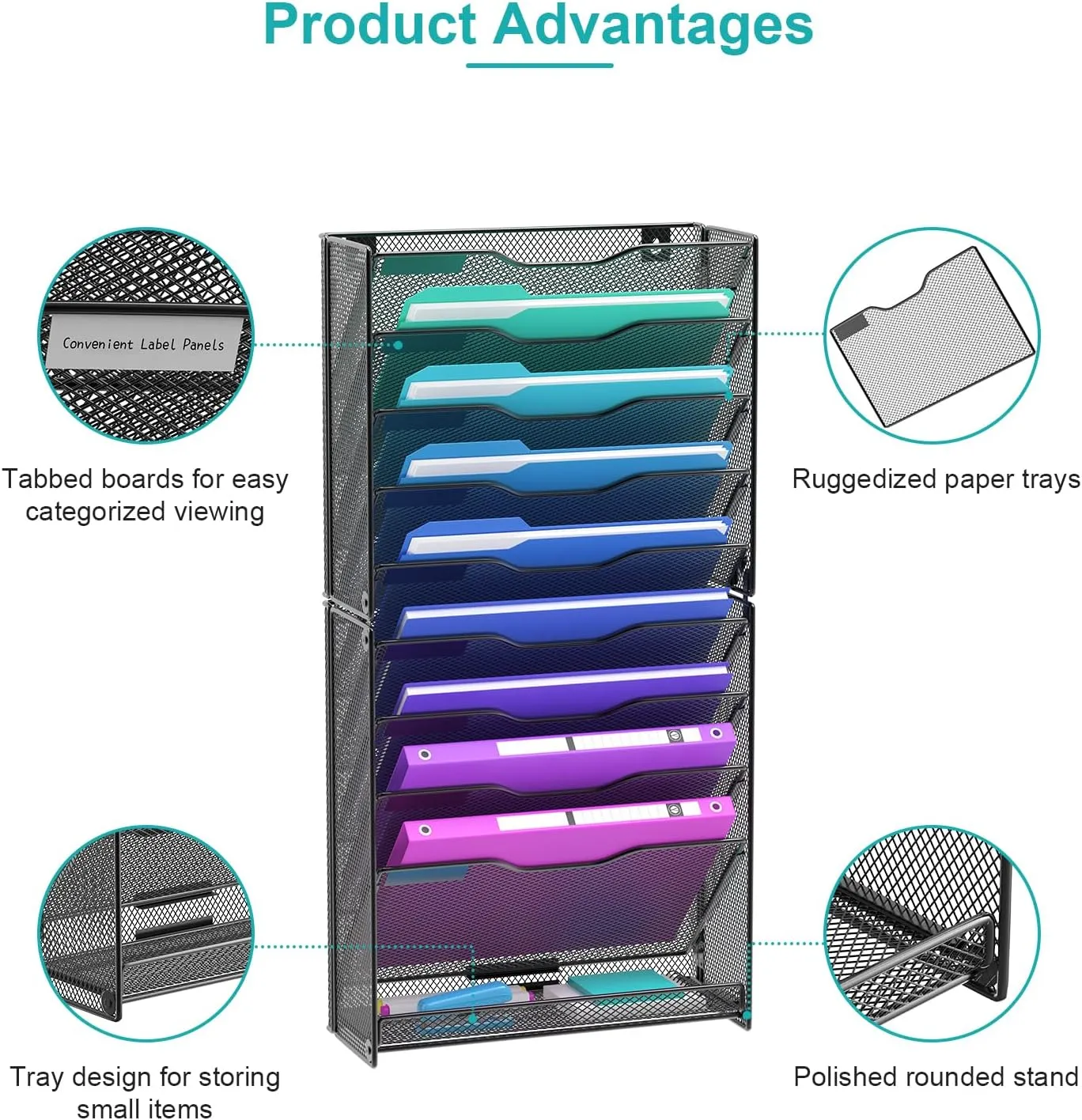 10-Tier Wall File Organizer, Black Metal Mesh Wall Mounted Mail Folder Paper Document Holder Magazine Rack, Office Home