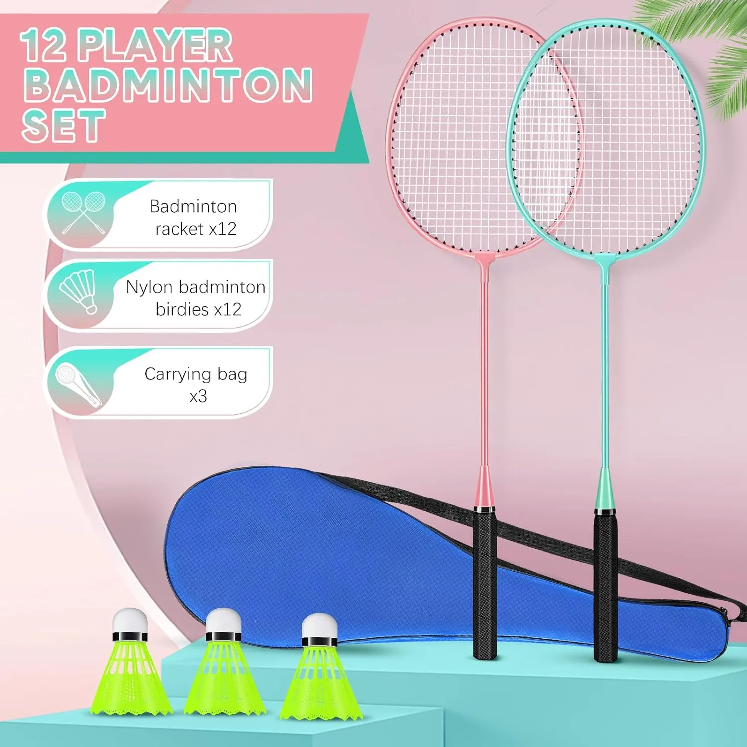 12 Pack Badminton Rackets Set Including Rackets, Nylon Shuttlecocks and Carry Bag for Outdoor Backyard Games Beginners