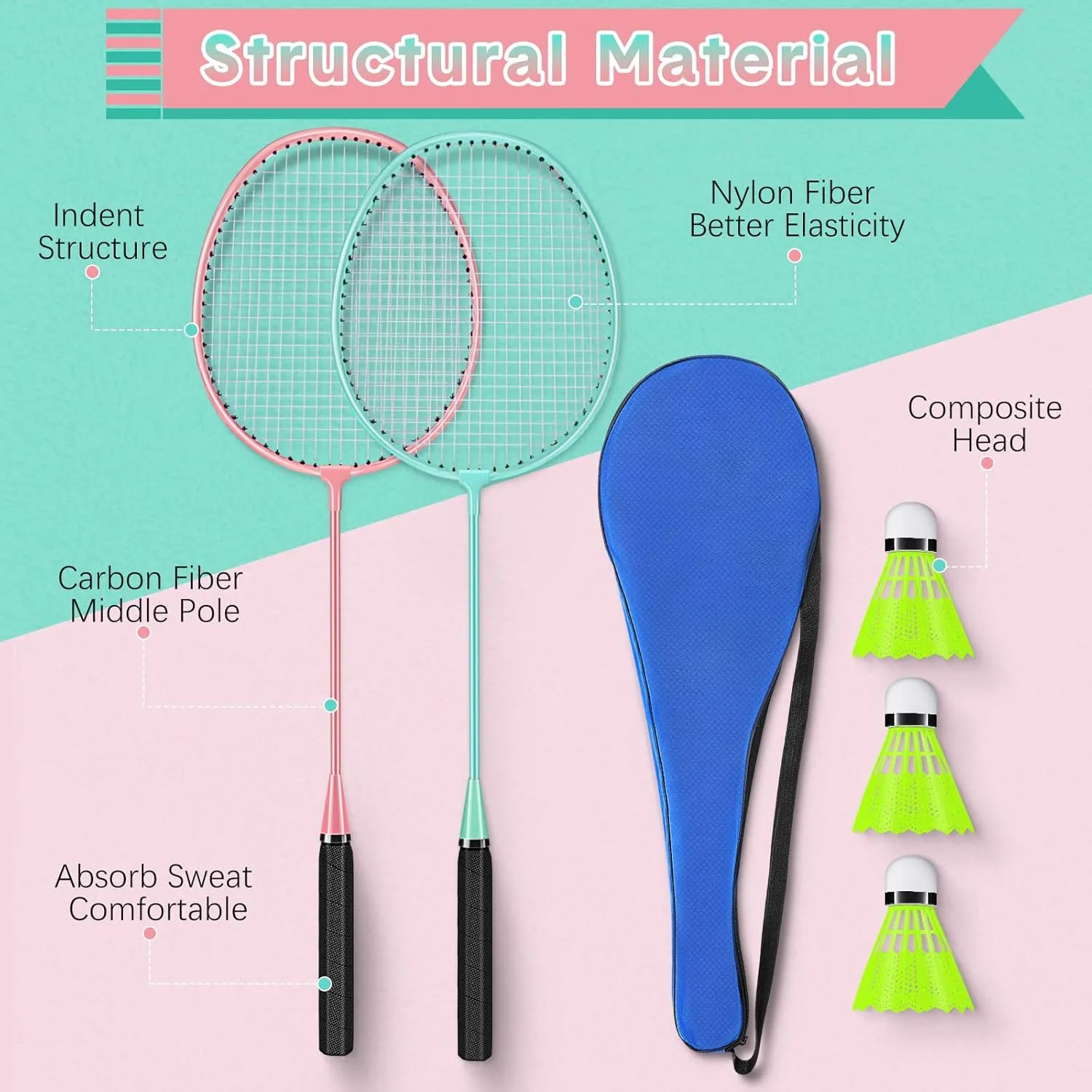 12 Pack Badminton Rackets Set Including Rackets, Nylon Shuttlecocks and Carry Bag for Outdoor Backyard Games Beginners