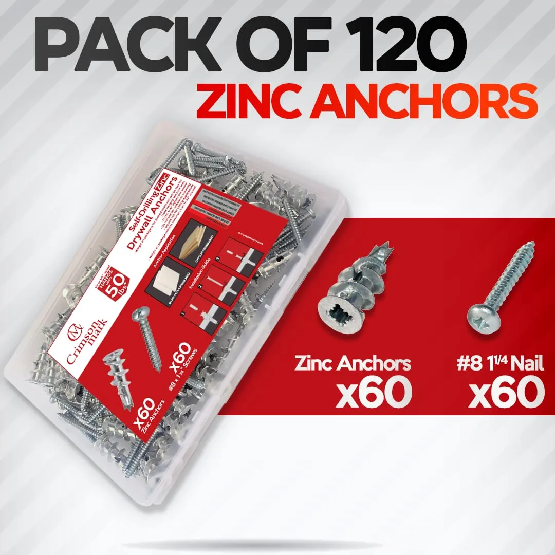 120Pcs Zinc Self Drilling Drywall Anchors and Screws kit #8 x 1-1/4”- Metal Wall Anchors for Drywall Heavy Duty, Holds Upto 50lbs – No Drill Hole Required with Dry Wall Screws and Anchors