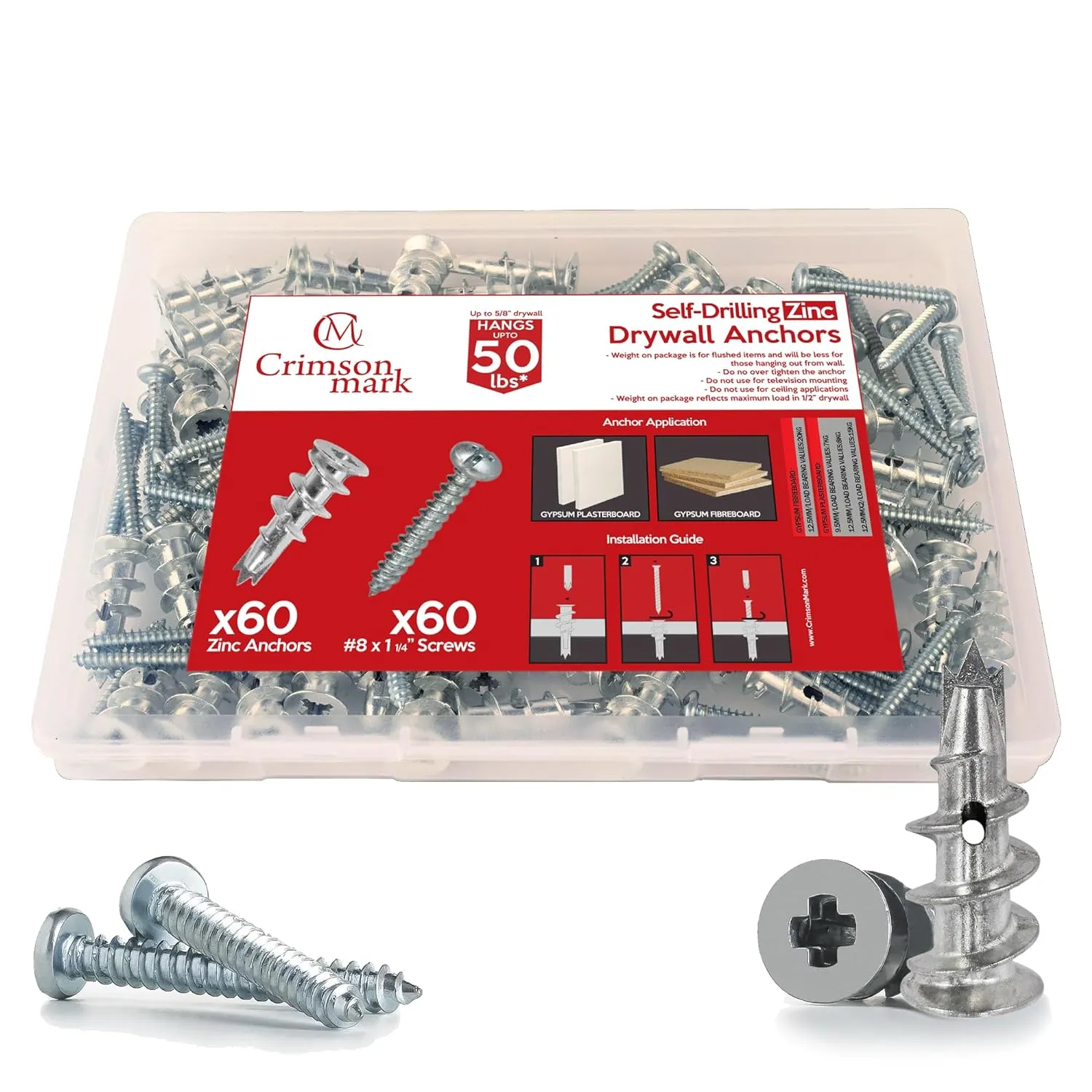 120Pcs Zinc Self Drilling Drywall Anchors and Screws kit #8 x 1-1/4”- Metal Wall Anchors for Drywall Heavy Duty, Holds Upto 50lbs – No Drill Hole Required with Dry Wall Screws and Anchors