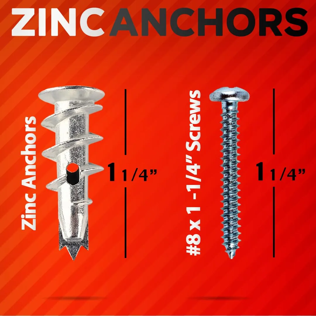 120Pcs Zinc Self Drilling Drywall Anchors and Screws kit #8 x 1-1/4”- Metal Wall Anchors for Drywall Heavy Duty, Holds Upto 50lbs – No Drill Hole Required with Dry Wall Screws and Anchors