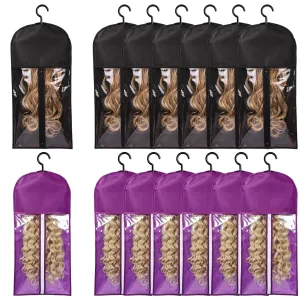 12PCS Wig Bags With Hanger - Hair Extension Holder for Multiple Wigs - Organizer (6PCS Black & 6PCS Purple)
