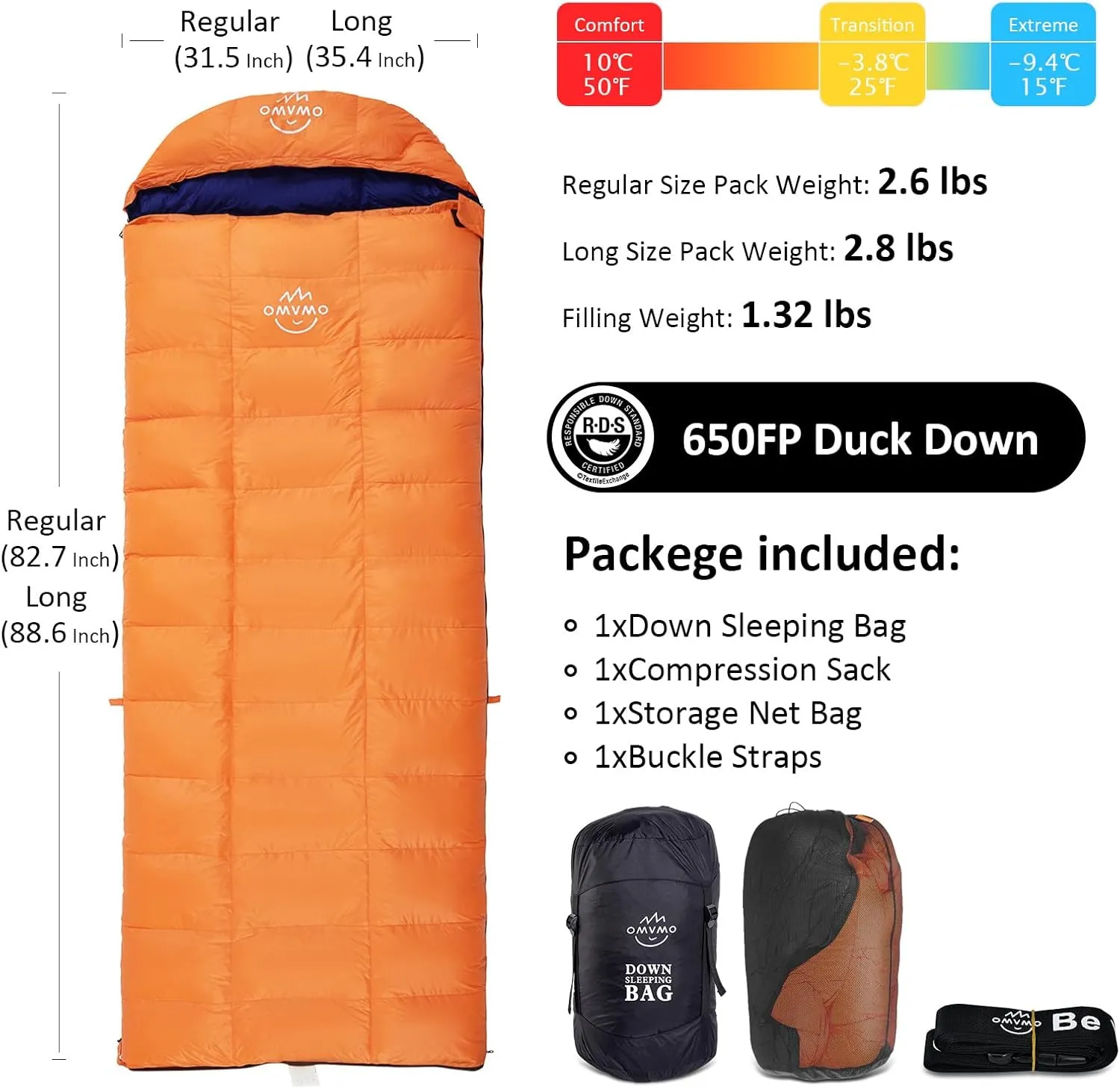 15°F 10°F Duck Down Sleeping Bag for Adults,650 Fill Power,Ultralight Wearable 4 Season Cold Weather Rectangle Sleeping Bag for Camping Hiking,Can be Used as a Down Blanket or Cloak