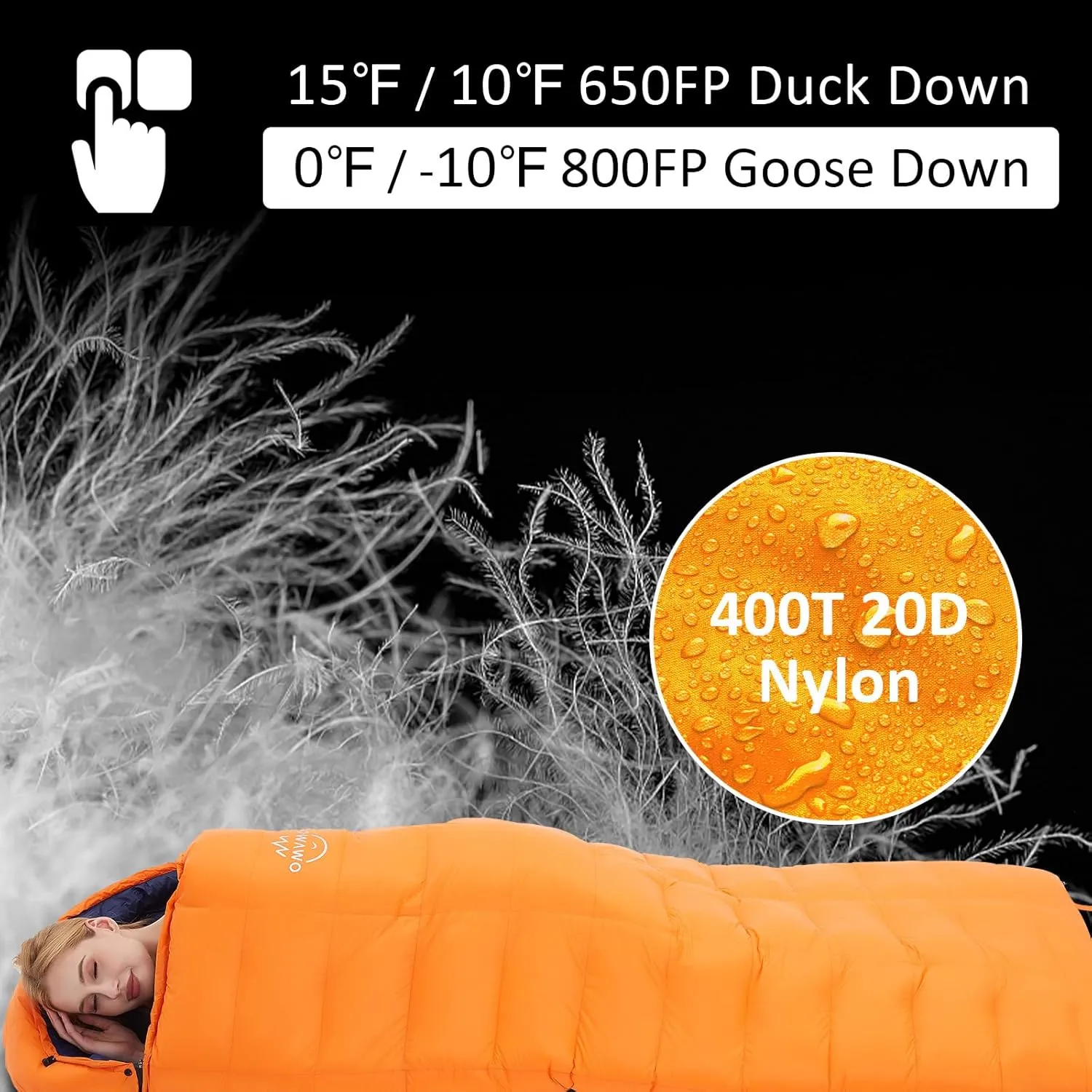 15°F 10°F Duck Down Sleeping Bag for Adults,650 Fill Power,Ultralight Wearable 4 Season Cold Weather Rectangle Sleeping Bag for Camping Hiking,Can be Used as a Down Blanket or Cloak