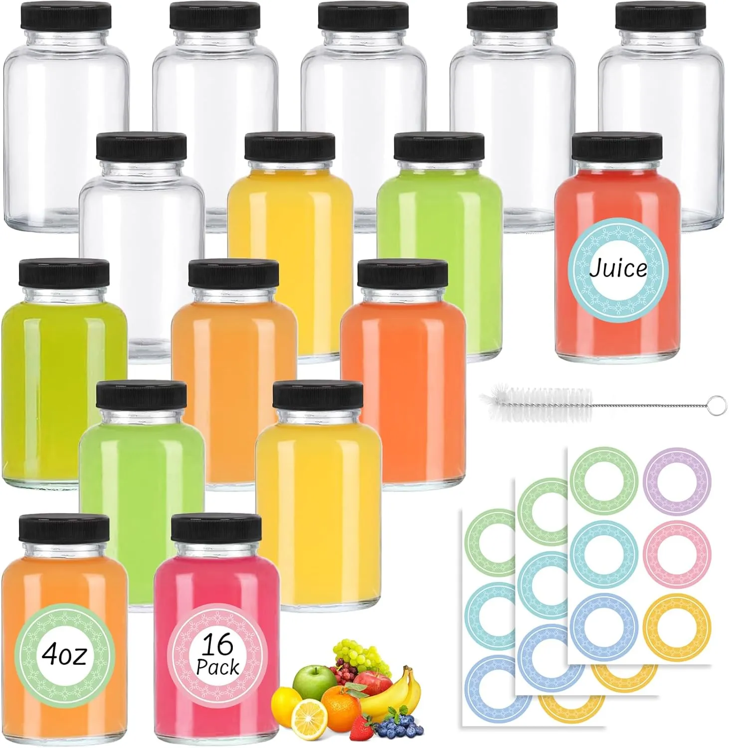 16 Pack 4 oz Glass Shot Bottles with Caps, 120 ml Glass Juice Shot Bottles with Lids, Reusable Empty Glass Bottles, Small Clear Glass Jars for Ginger, Juice, Wellness Shot, Beverages