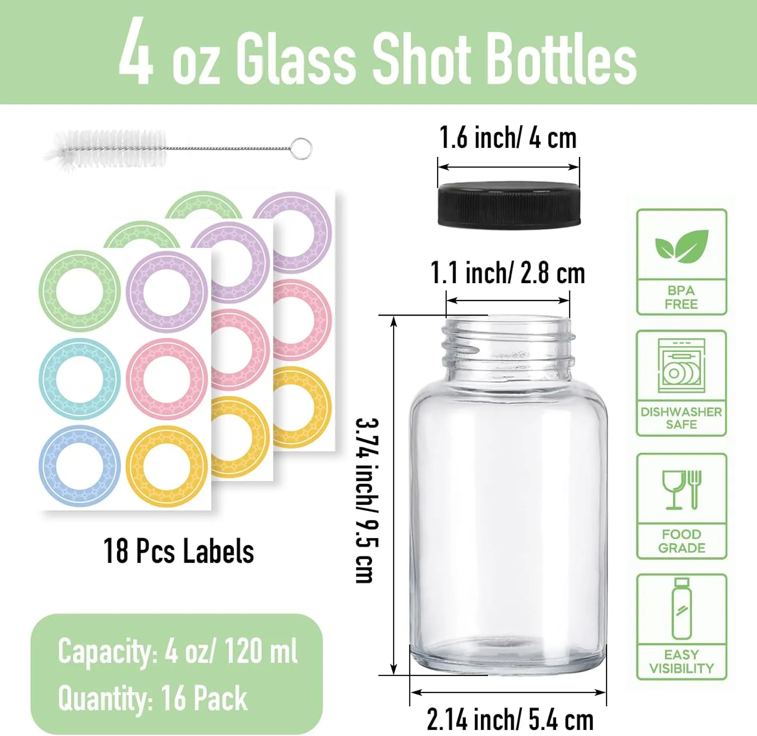 16 Pack 4 oz Glass Shot Bottles with Caps, 120 ml Glass Juice Shot Bottles with Lids, Reusable Empty Glass Bottles, Small Clear Glass Jars for Ginger, Juice, Wellness Shot, Beverages