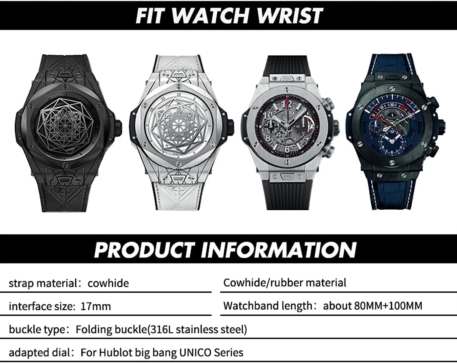 17 * 27mm Genuine Leather Rubber Watchband for Hublot Big Bang 441 440 Calfskin Watch Strap
