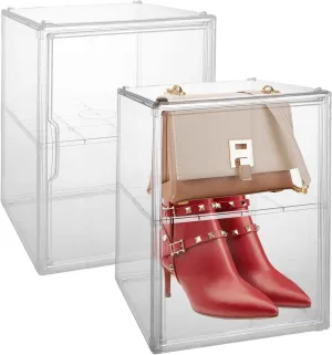 2 Pack Acrylic Purse Storage Organizer for Closet, Clear Plastic Display Case for Handbag, Stackable Bag Organizer Display Box with Division Boards & Magnetic Door for Toys Books Shoes