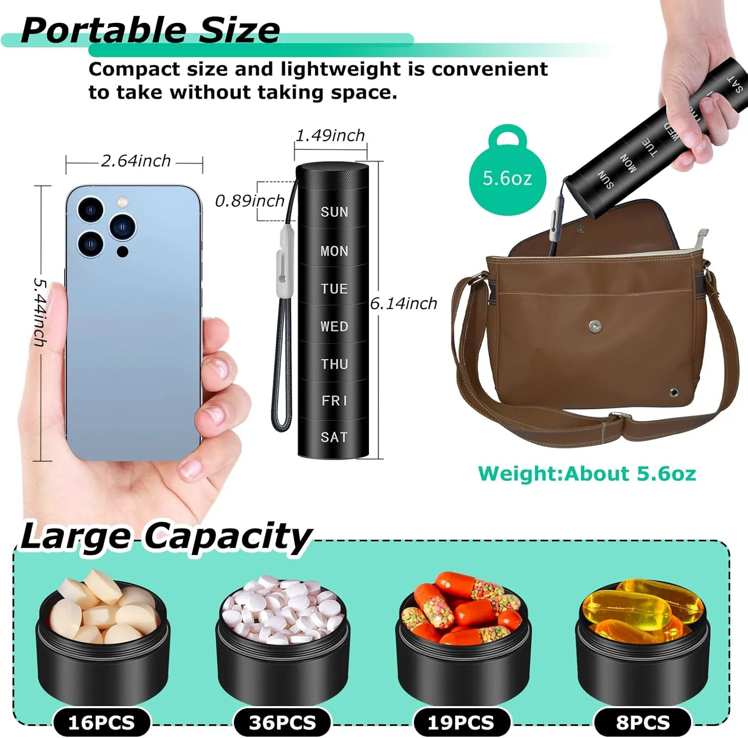 2 Pack Aluminium Travel Pill Organizer,Weekly Metal Pill Case,Pill Holder, Moisture Proof Waterproof Pill Box 7 Day, Large Pill Container to Hold Vitamins,Medication,Supplements 【Light Blue Black】