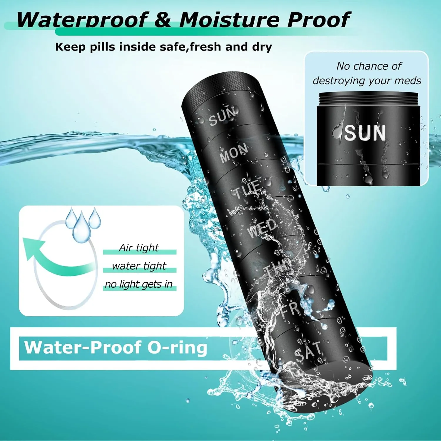 2 Pack Aluminium Travel Pill Organizer,Weekly Metal Pill Case,Pill Holder, Moisture Proof Waterproof Pill Box 7 Day, Large Pill Container to Hold Vitamins,Medication,Supplements 【Light Blue Black】