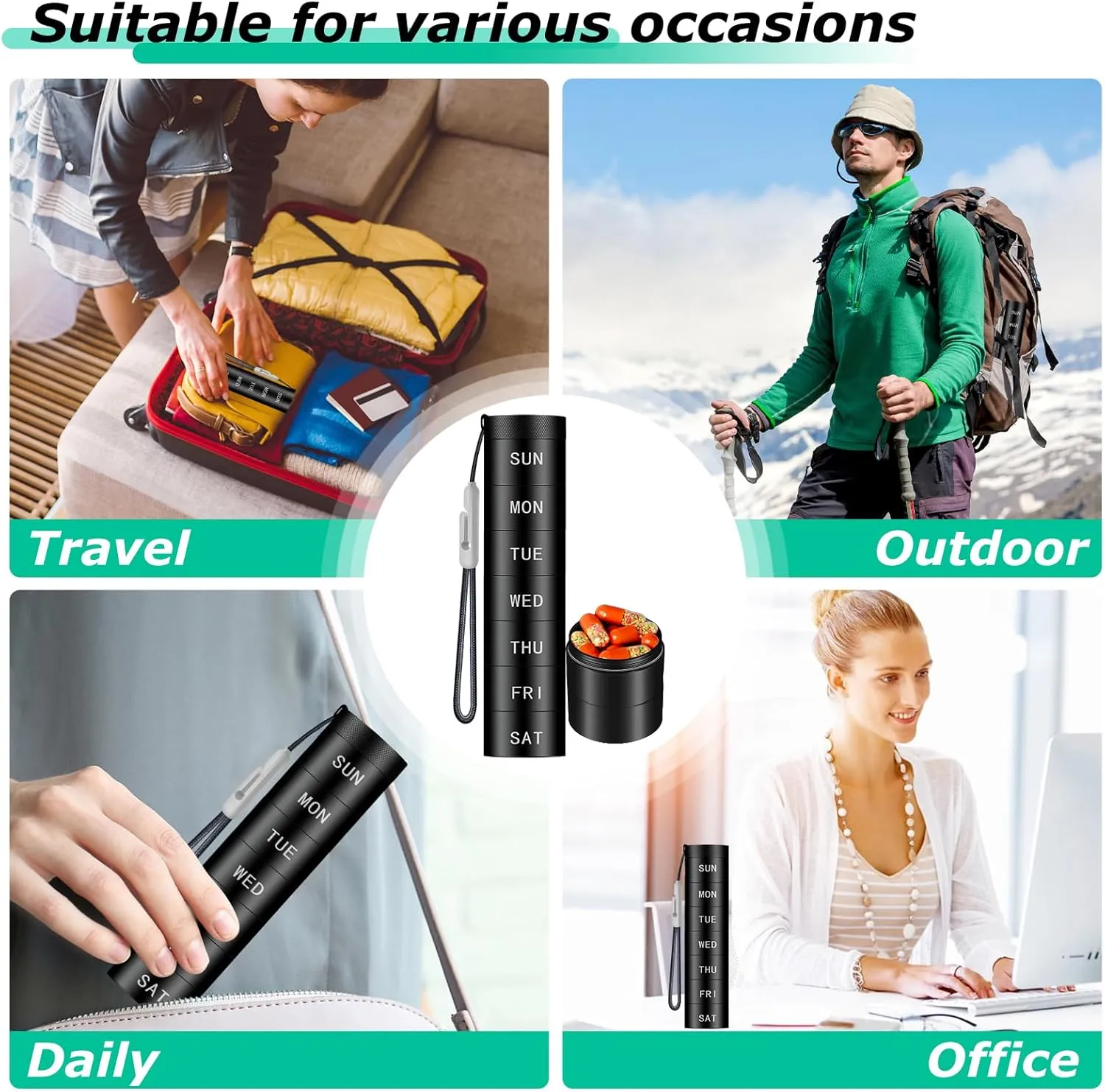 2 Pack Aluminium Travel Pill Organizer,Weekly Metal Pill Case,Pill Holder, Moisture Proof Waterproof Pill Box 7 Day, Large Pill Container to Hold Vitamins,Medication,Supplements 【Light Blue Black】