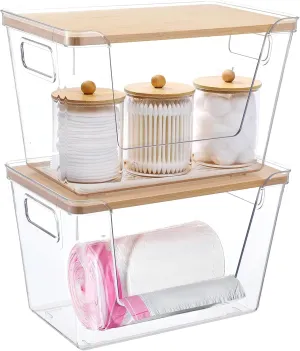 2 Pack Extra Large Trash Bag Holders with Bamboo Tops and Handles, Laundry Room Organization and Storage for Home, Kitchen, Under-Sink Garbage Bag Dispenser