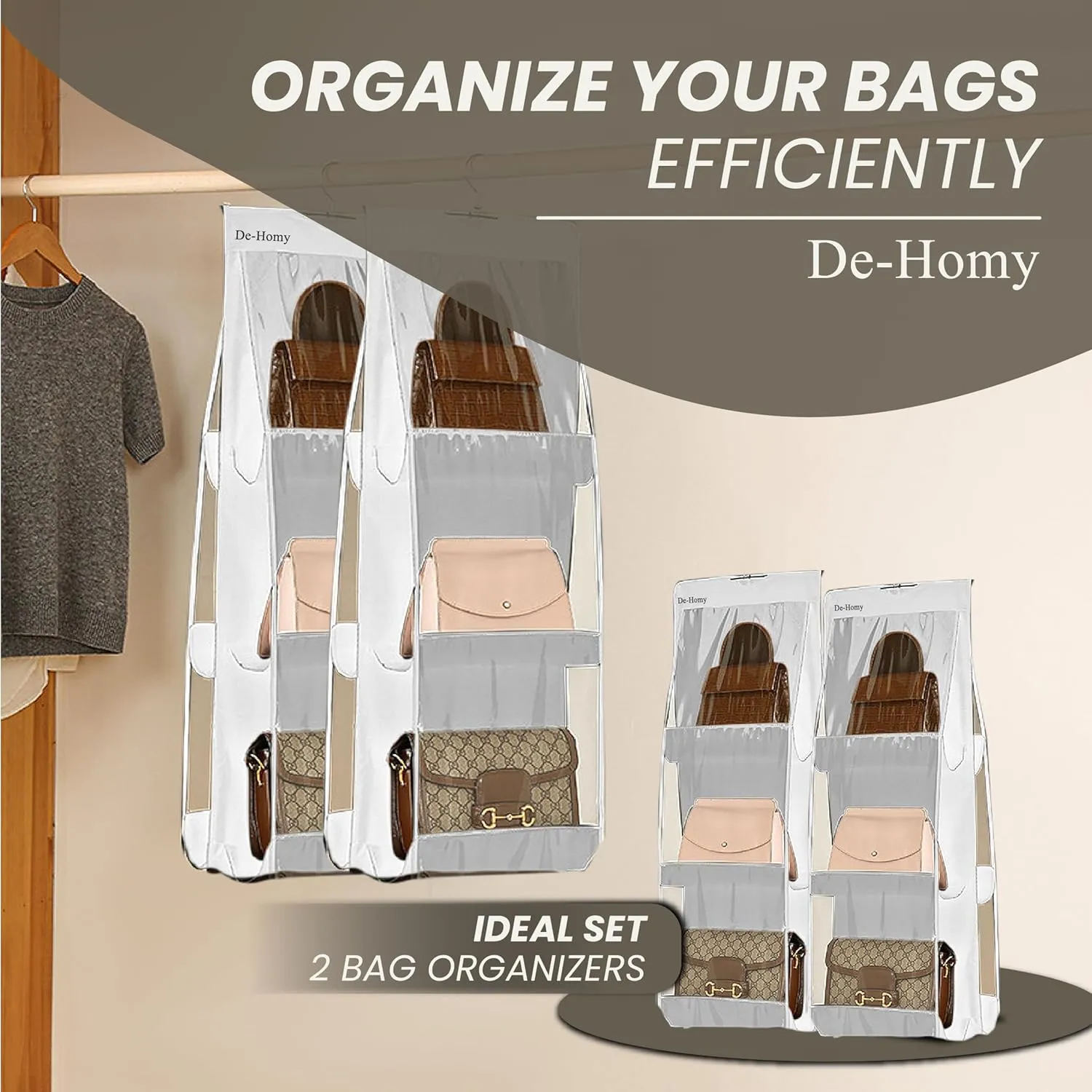2-Pack handbag organizers and storage purse organizer closet organizer purse hanger organizer handbag storage bag organizer Thicken Metal Hooks (White, Medium)