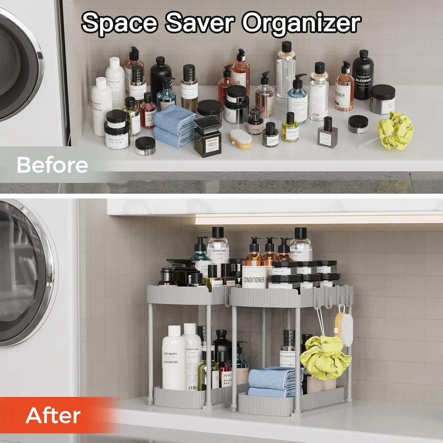 2 Pack Multi-Purpose Pull-Out Storage Organizers, Under Sink Organizers and Storage for Bathroom & Kitchen, Under Cabinet Organizers and storage, 12.8 Inch, Grey