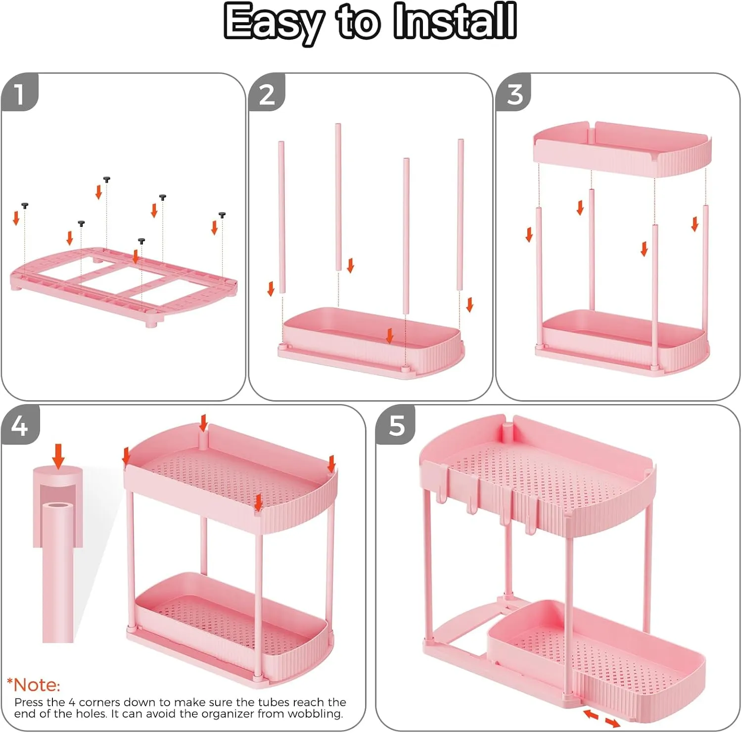 2 Pack Multi-Purpose Pull-Out Storage Organizers, Under Sink Organizers and Storage for Bathroom & Kitchen, Under Cabinet Organizers and storage, 14.8 Inch, Pink