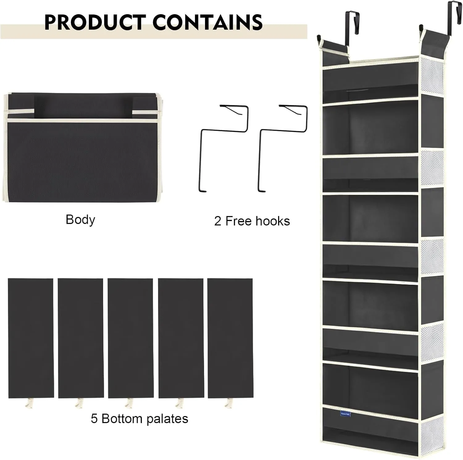 2 Pack Over The Door Hanging Organizer 5-Shelves and 10 Side Pockets, Over The Door Storage for Bathroom and Bedroom, Back of Door Organizers for Kid's Toys (13"x5"x44", Black)