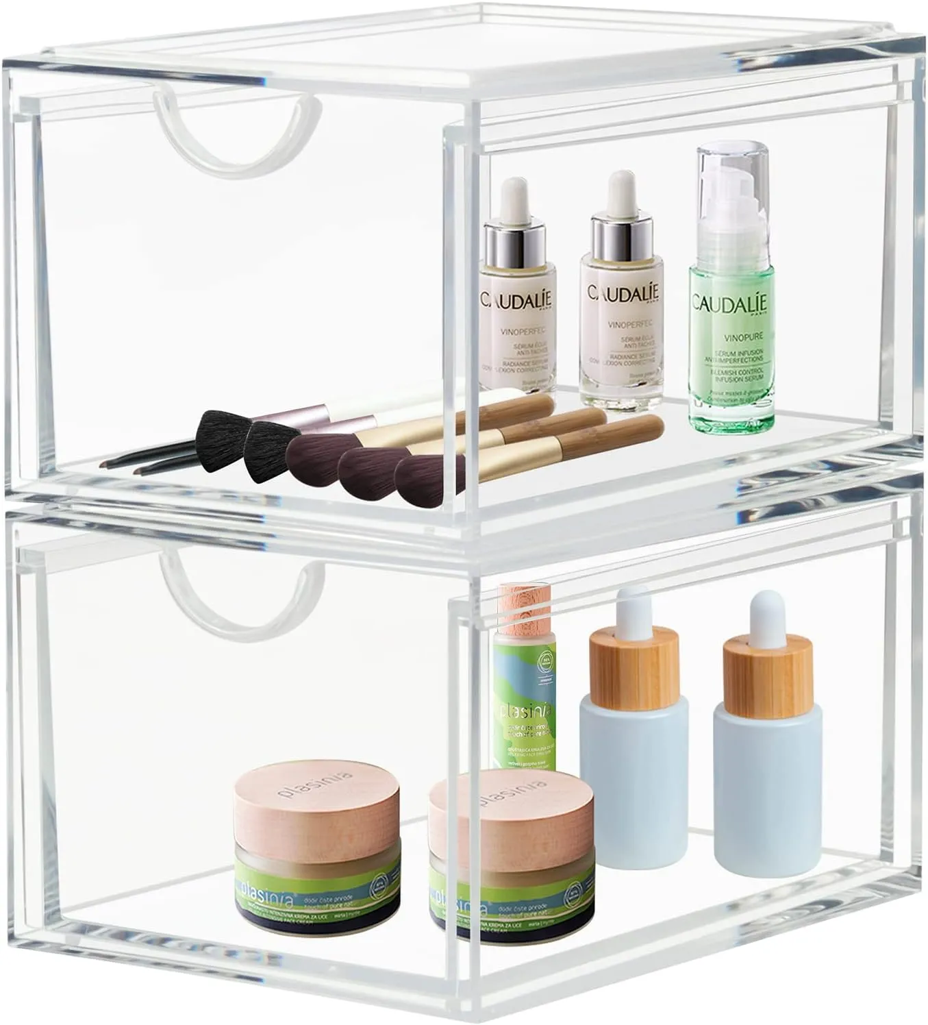 2 Pack Stackable Cosmetic Organizer Drawers, Clear Acrylic Makeup Storage Organizer Box, Plastic Storage Bins Vanity Container for Bathroom Countertop, Bedroom Dresser, Kitchen Cabinets