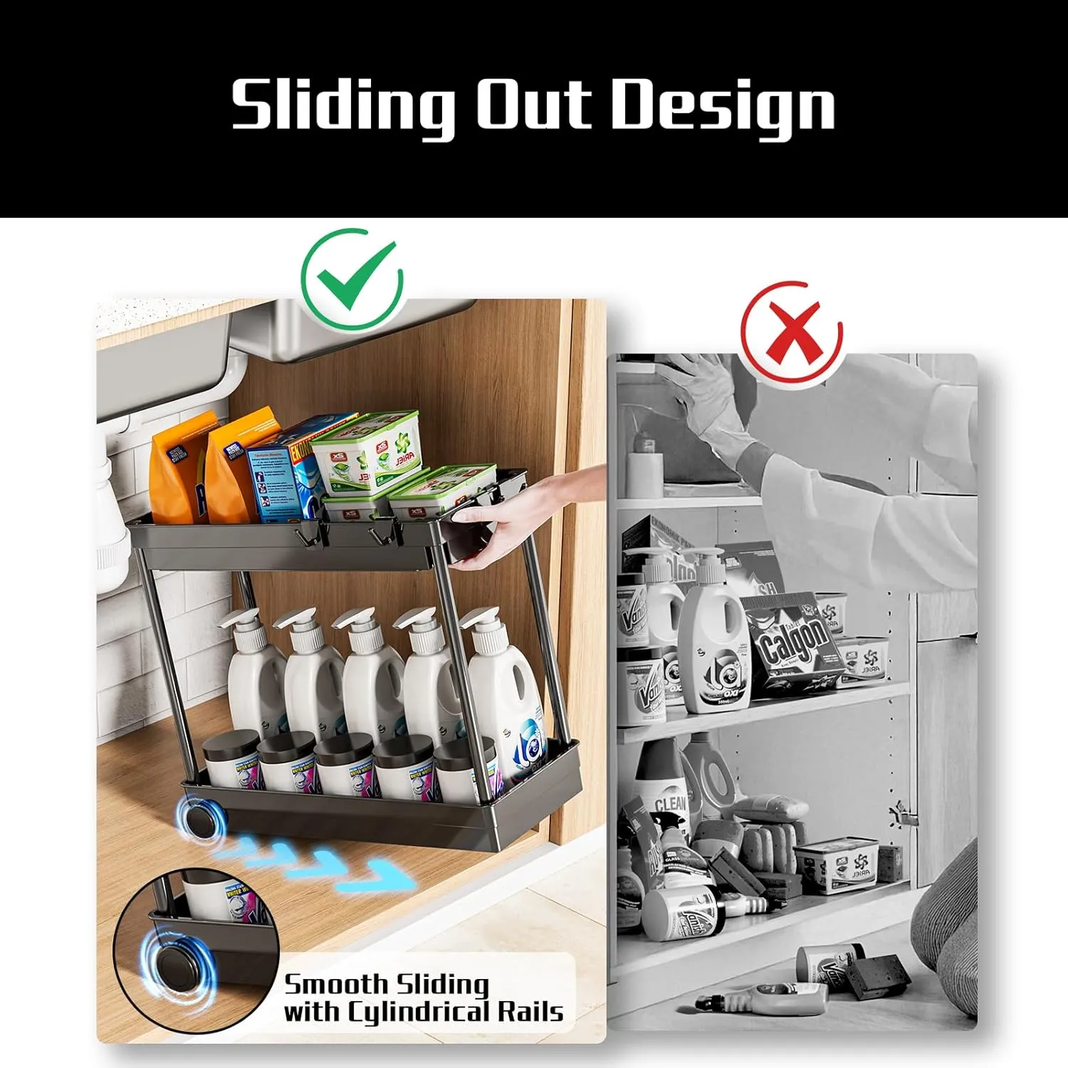 2 Pack Under Sink Organizer, 2 Tier Bathroom Cabinet Organizers and Storage with Hook, Multi-purpose Storage Basket Shelf for Kitchen, Black