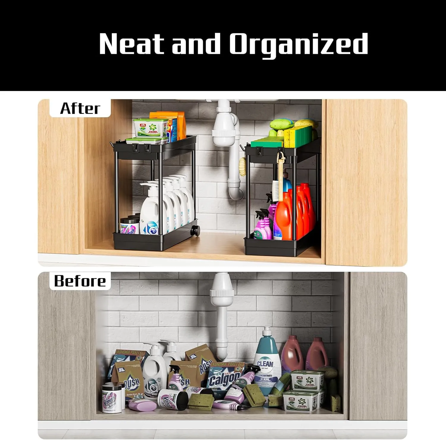 2 Pack Under Sink Organizer, 2 Tier Bathroom Cabinet Organizers and Storage with Hook, Multi-purpose Storage Basket Shelf for Kitchen, Black