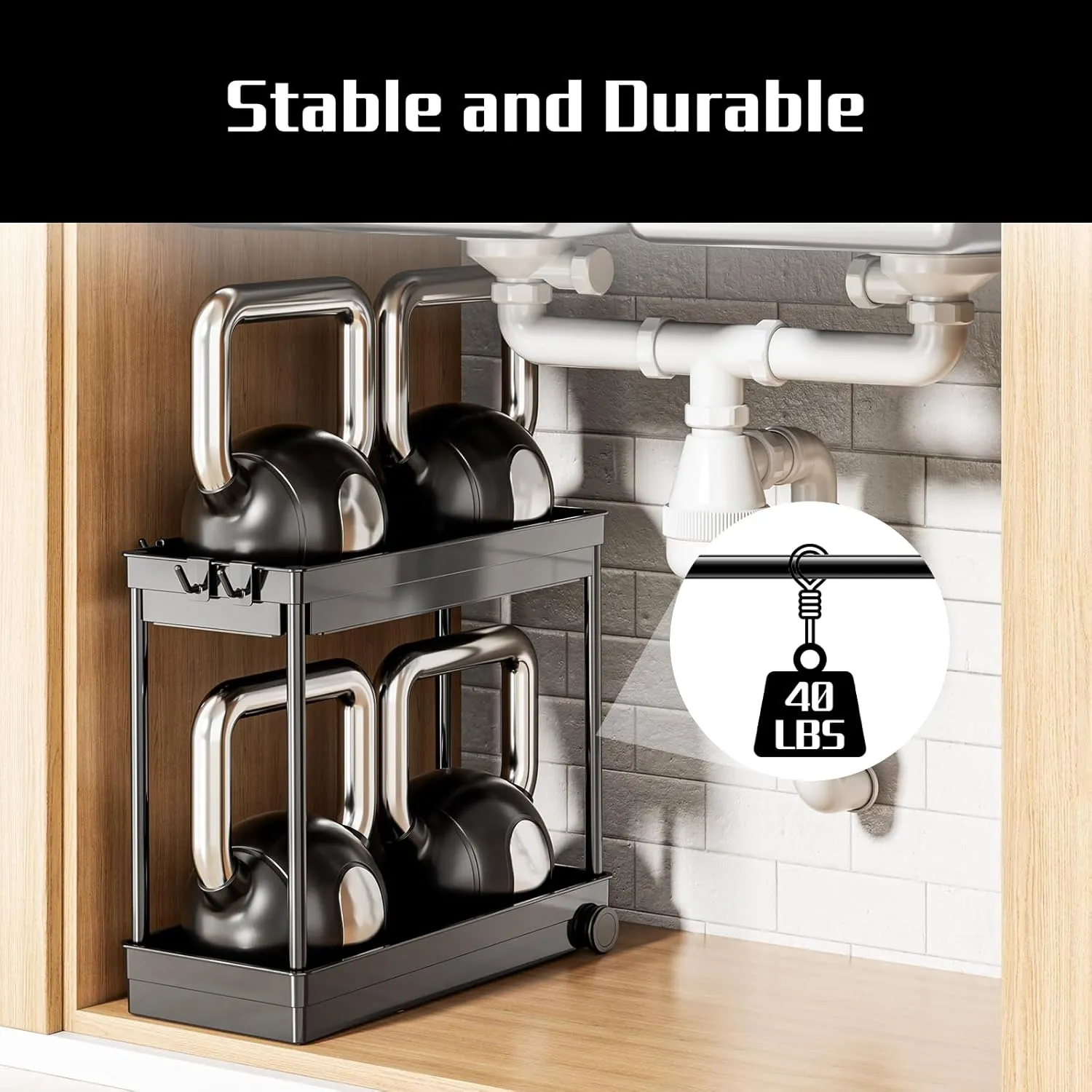 2 Pack Under Sink Organizer, 2 Tier Bathroom Cabinet Organizers and Storage with Hook, Multi-purpose Storage Basket Shelf for Kitchen, Black