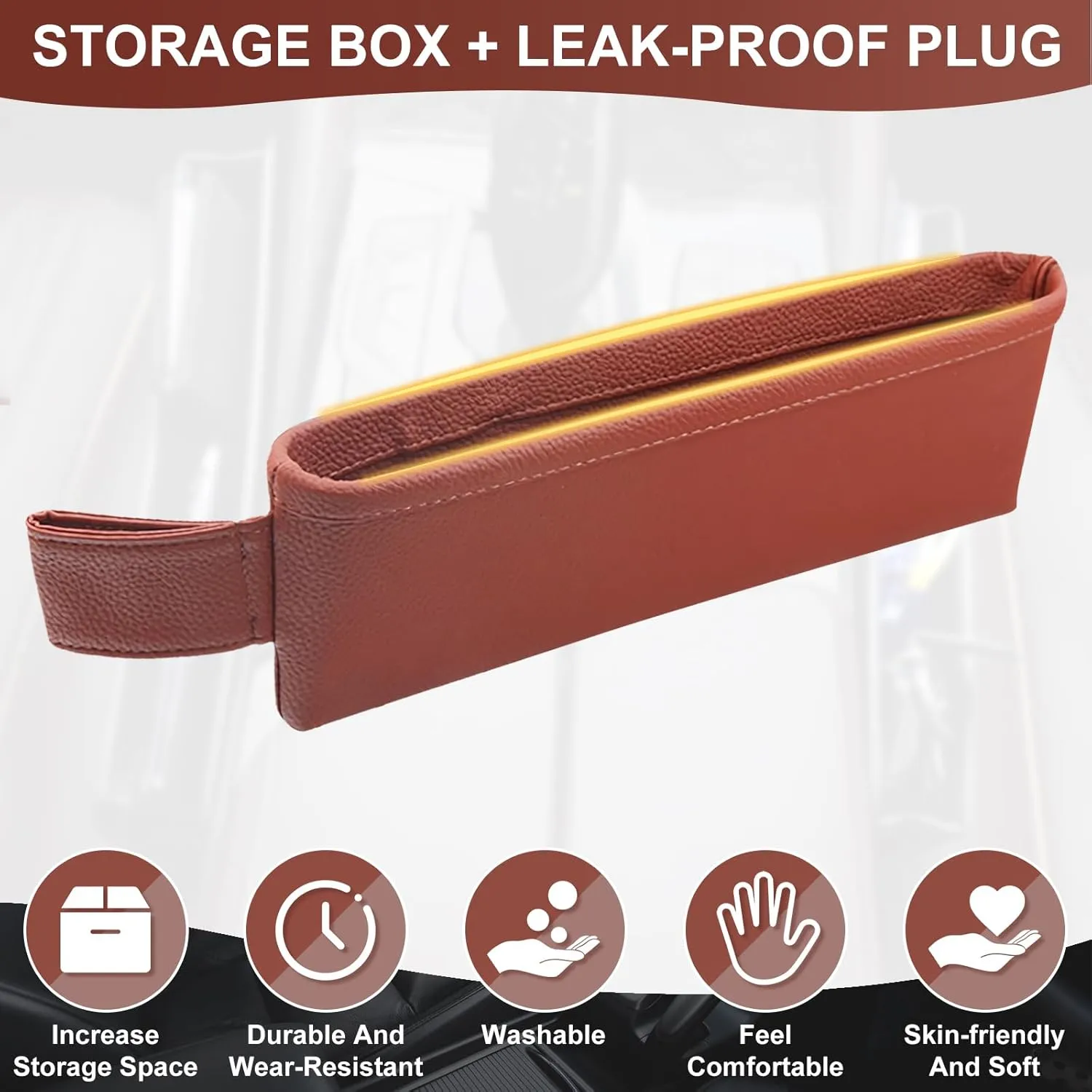 2 Pack Update Car Seat Gap Filler Organizer Leather Console Storage Box Front Side Pocket Seats Organizers Filler Interior Car Accessories for Phone Wallet Coin Key Sunglasses (Brown)