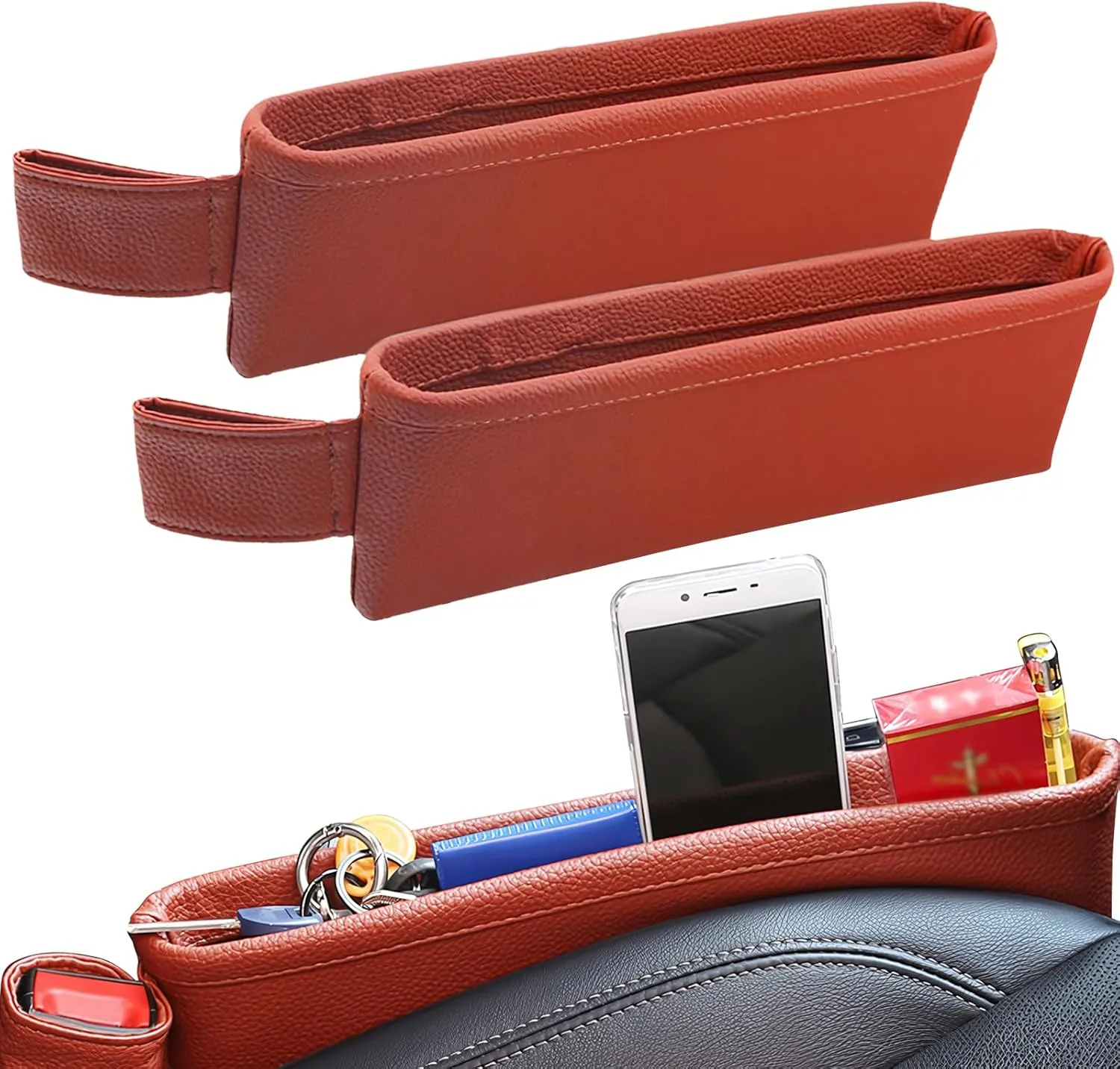 2 Pack Update Car Seat Gap Filler Organizer Leather Console Storage Box Front Side Pocket Seats Organizers Filler Interior Car Accessories for Phone Wallet Coin Key Sunglasses (Brown)