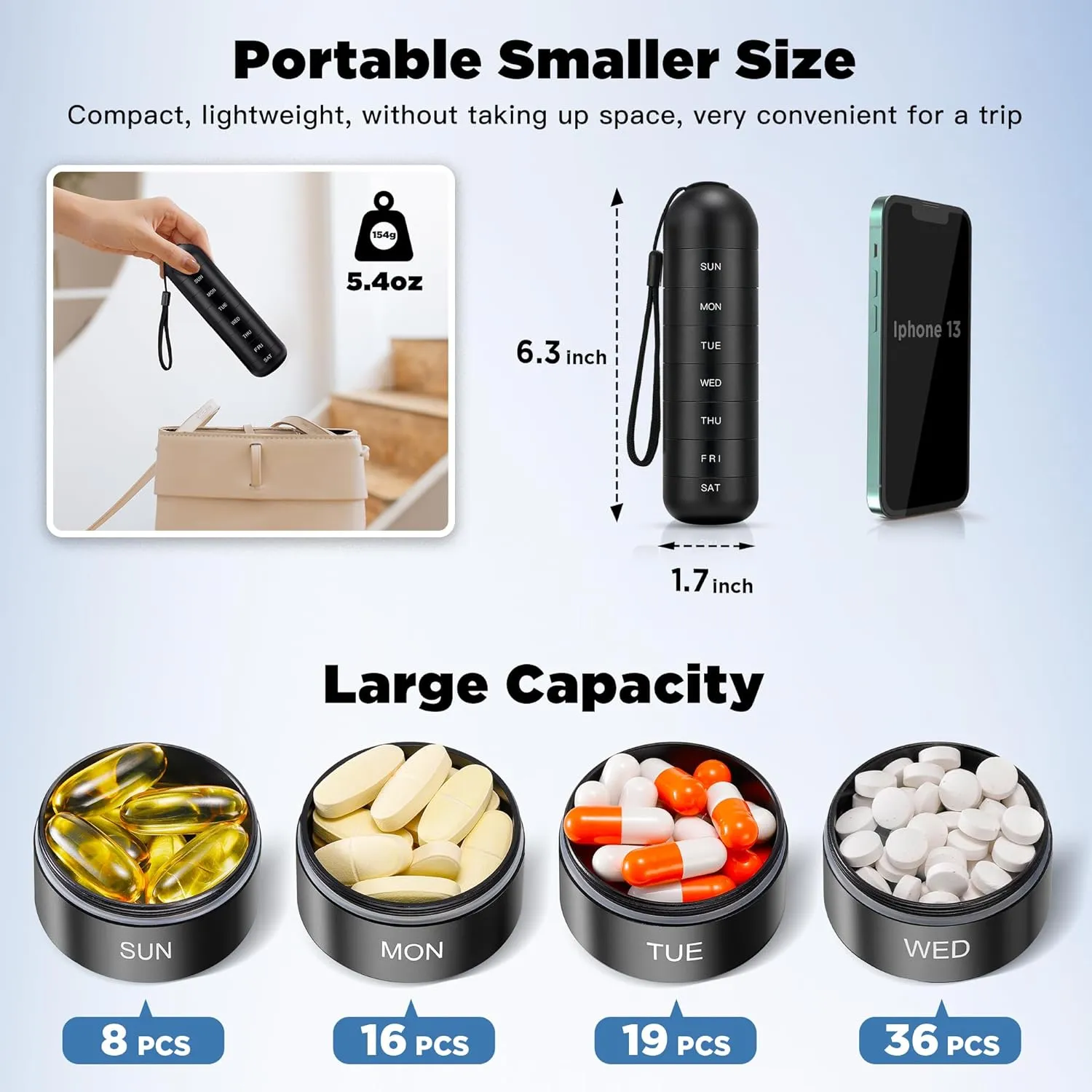 [2 Pack] Zannaki Metal Travel Pill Organizer, Portable Waterproof Weekly Pill Box, Large Aluminum Alloy Pill Case Container, BPA Free 7 Day Daily Medicine Organizer Holder for Vitamin, Supplement