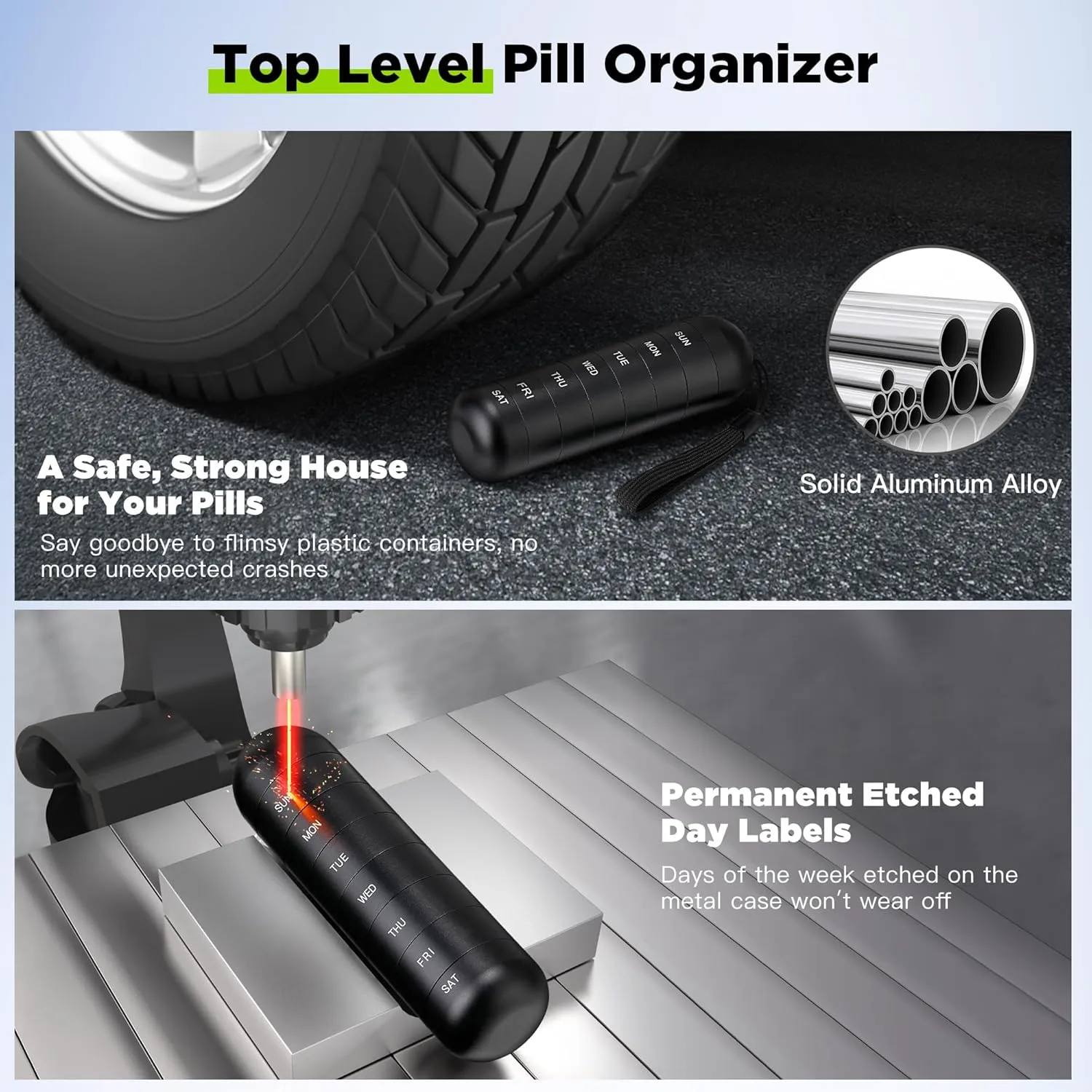 [2 Pack] Zannaki Metal Travel Pill Organizer, Portable Waterproof Weekly Pill Box, Large Aluminum Alloy Pill Case Container, BPA Free 7 Day Daily Medicine Organizer Holder for Vitamin, Supplement