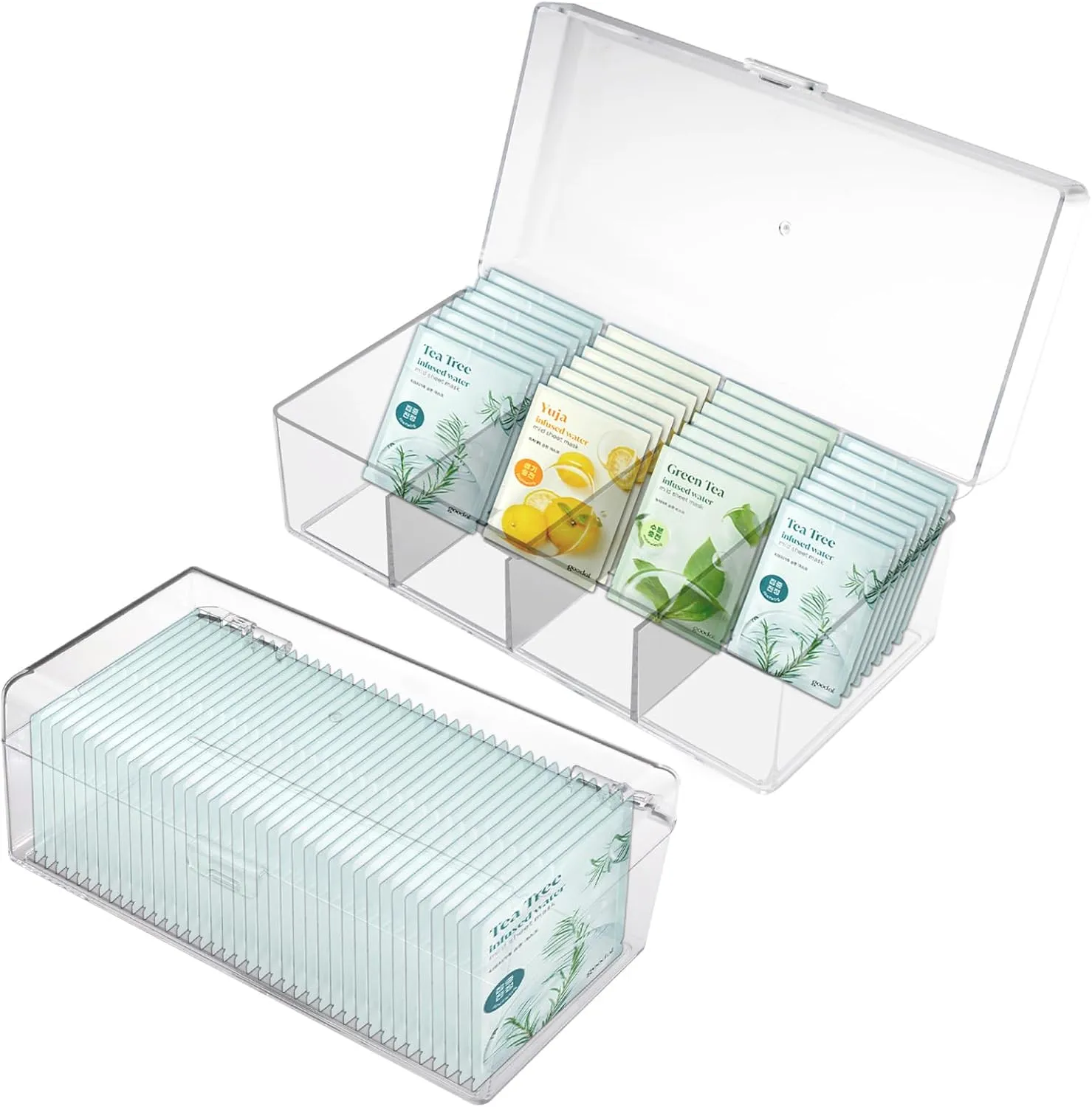 2 Packs Clear Tea Bag Organizer Storage with Lid, Open & 4 Grid Plastic Tea Bag Holder Box, Tea Packet Organizer Bins Caddy Dispenser for Snack Coffee Condiments Kitchen Countertop Pantry (2Pcs)