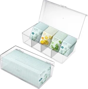 2 Packs Clear Tea Bag Organizer Storage with Lid, Open & 4 Grid Plastic Tea Bag Holder Box, Tea Packet Organizer Bins Caddy Dispenser for Snack Coffee Condiments Kitchen Countertop Pantry (2Pcs)