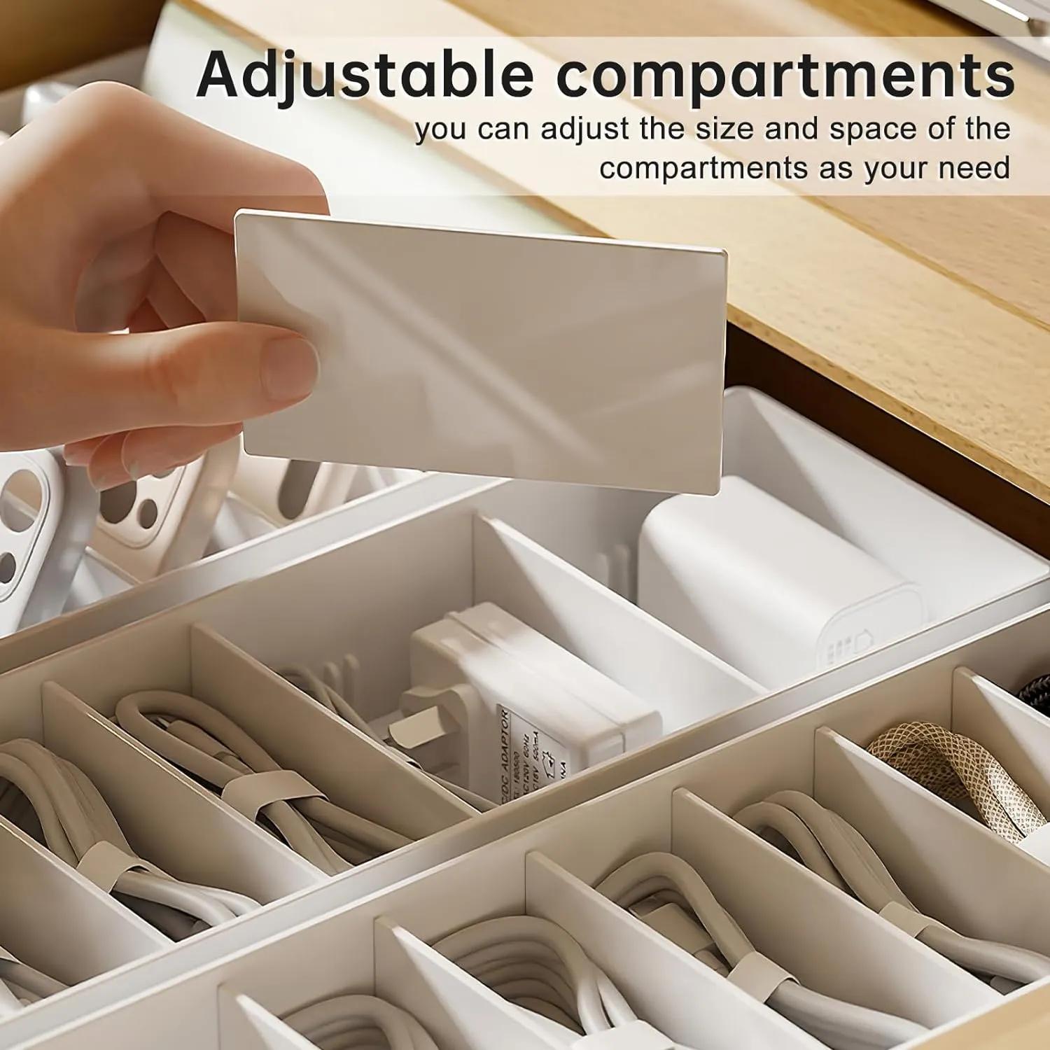 2 Pcs Cable Organizer Box with Wire Ties, Plastic Cord Charger Storage Box with 8 Compartments, Electronics and Home Office Desk Drawer Stationery Organizer, Stackable, White