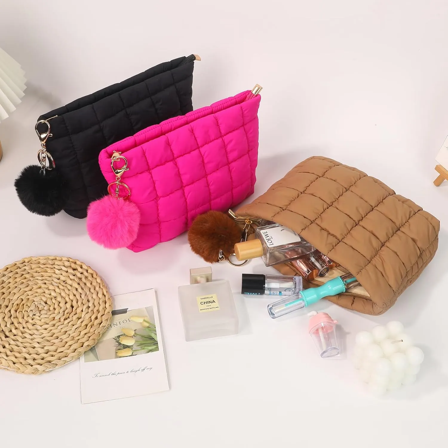 2 Pcs Makeup Bag Travel Cosmetic Bag Makeup Pouch Quilted Bags for Women Toiletry Organizer Pouches (Black Brown Rose Red)