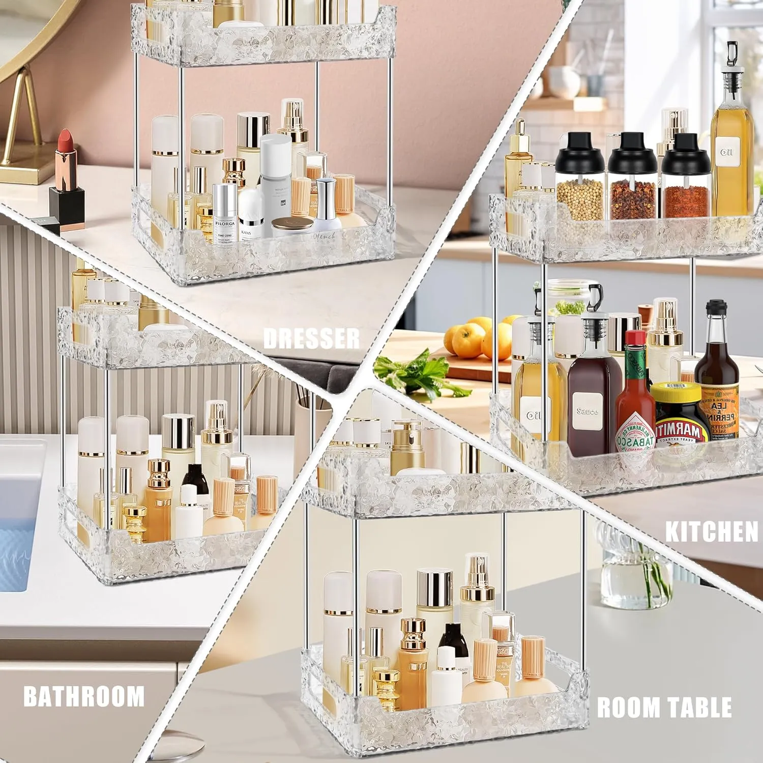 2-Tier Bathroom Counter Organizer Countertop Storage, Dresser Organizer Vanity Tray for Makeup, Perfume Organizer Cosmetics Skincare Shelf - Clear