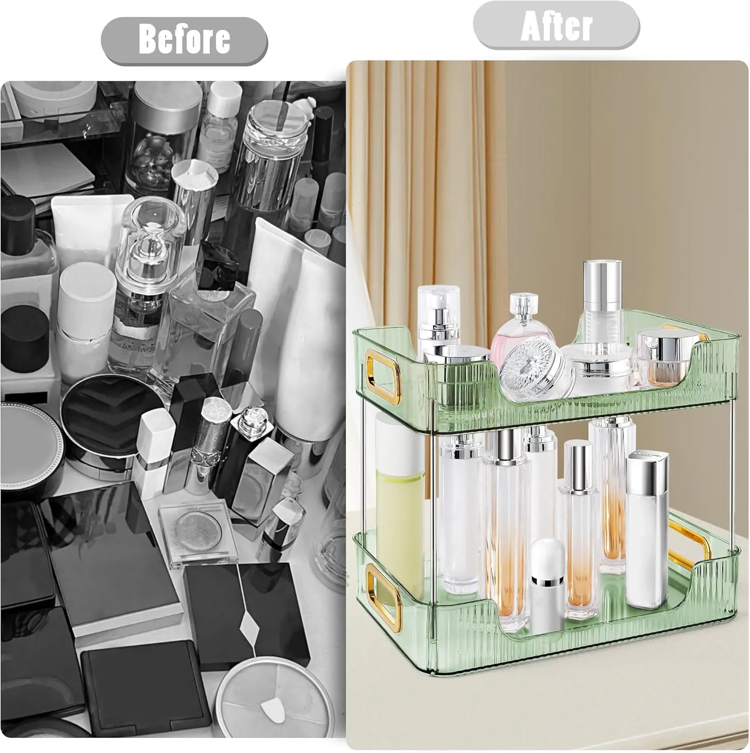 2-Tier Bathroom Counter Organizer Countertop Storage, Dresser Organizer Vanity Tray for Makeup, Perfume Organizer Cosmetics Skincare Shelf - Green