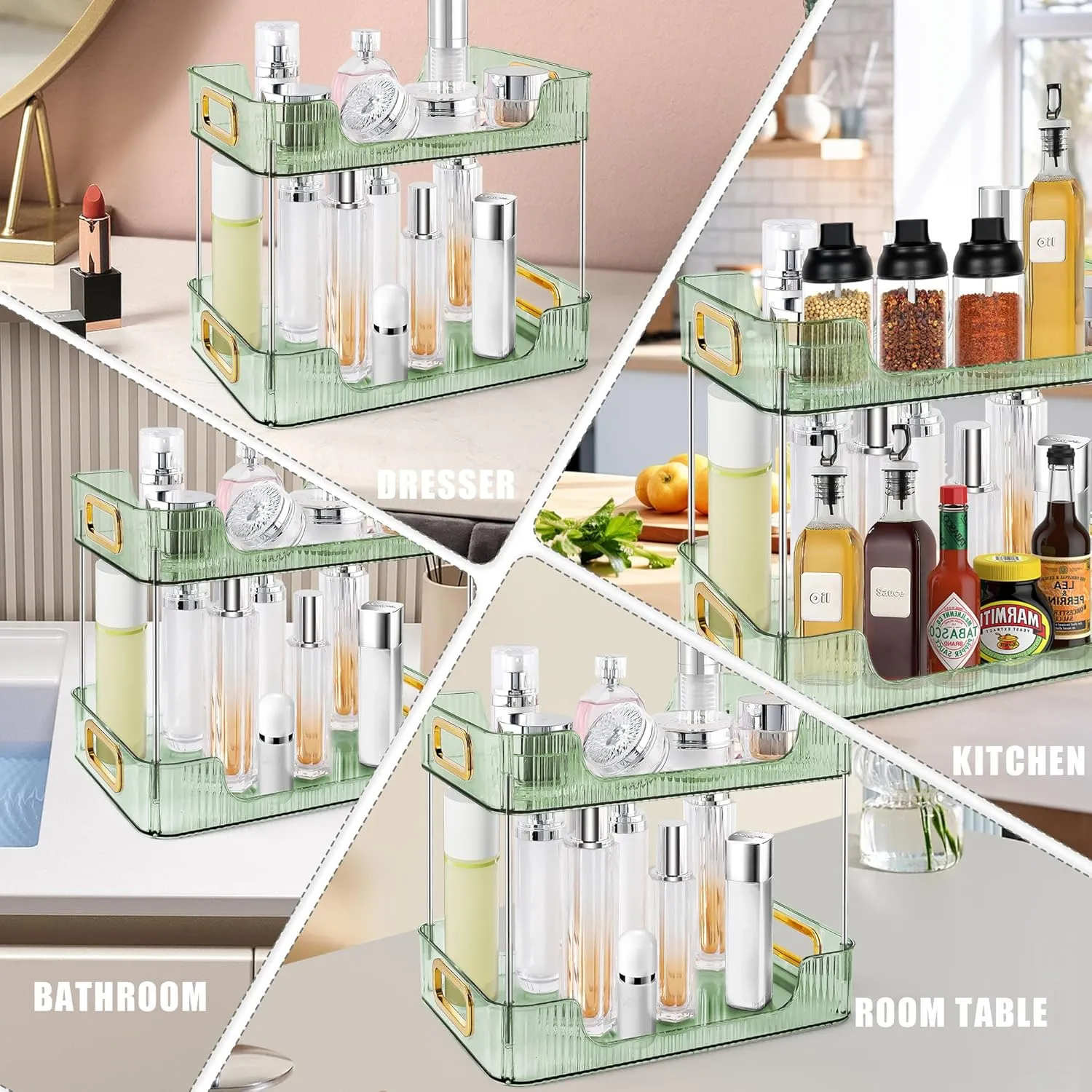 2-Tier Bathroom Counter Organizer Countertop Storage, Dresser Organizer Vanity Tray for Makeup, Perfume Organizer Cosmetics Skincare Shelf - Green