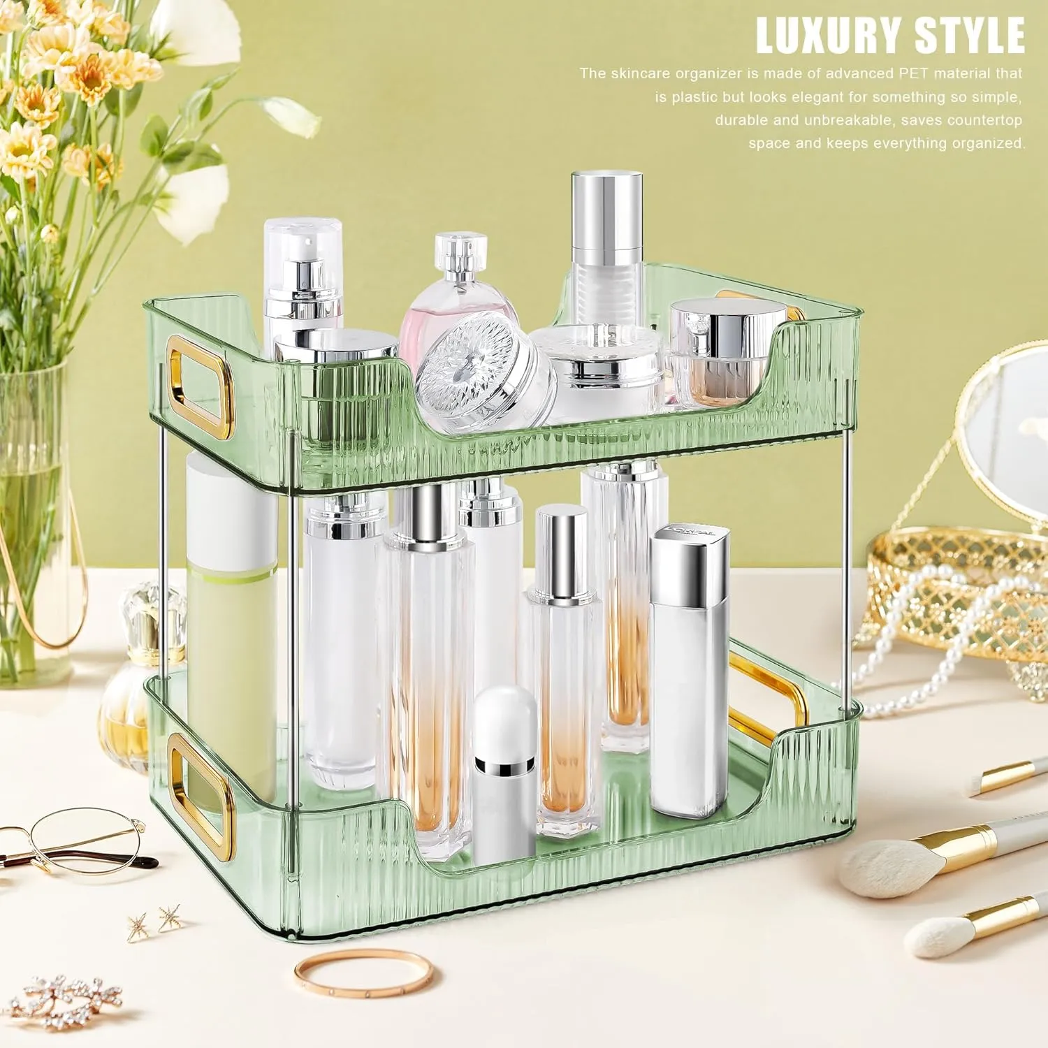 2-Tier Bathroom Counter Organizer Countertop Storage, Dresser Organizer Vanity Tray for Makeup, Perfume Organizer Cosmetics Skincare Shelf - Green