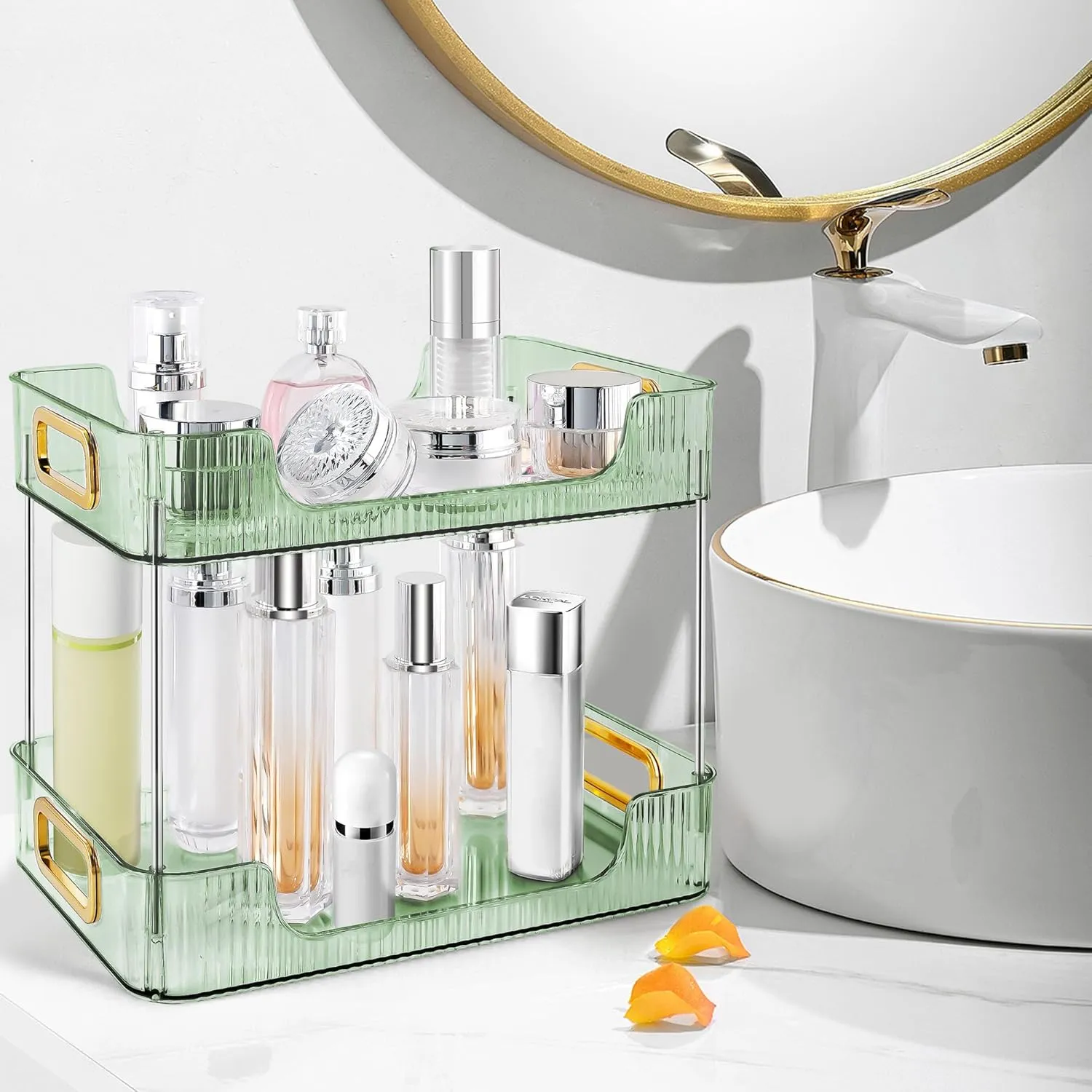 2-Tier Bathroom Counter Organizer Countertop Storage, Dresser Organizer Vanity Tray for Makeup, Perfume Organizer Cosmetics Skincare Shelf - Green