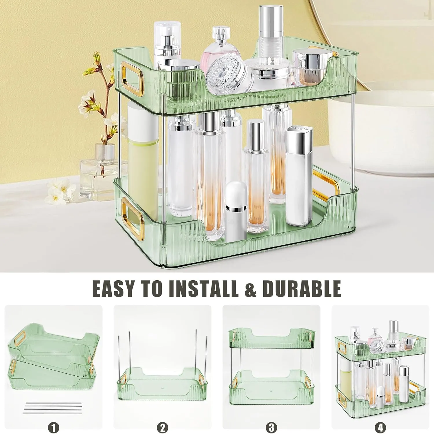 2-Tier Bathroom Counter Organizer Countertop Storage, Dresser Organizer Vanity Tray for Makeup, Perfume Organizer Cosmetics Skincare Shelf - Green