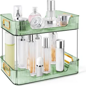 2-Tier Bathroom Counter Organizer Countertop Storage, Dresser Organizer Vanity Tray for Makeup, Perfume Organizer Cosmetics Skincare Shelf - Green