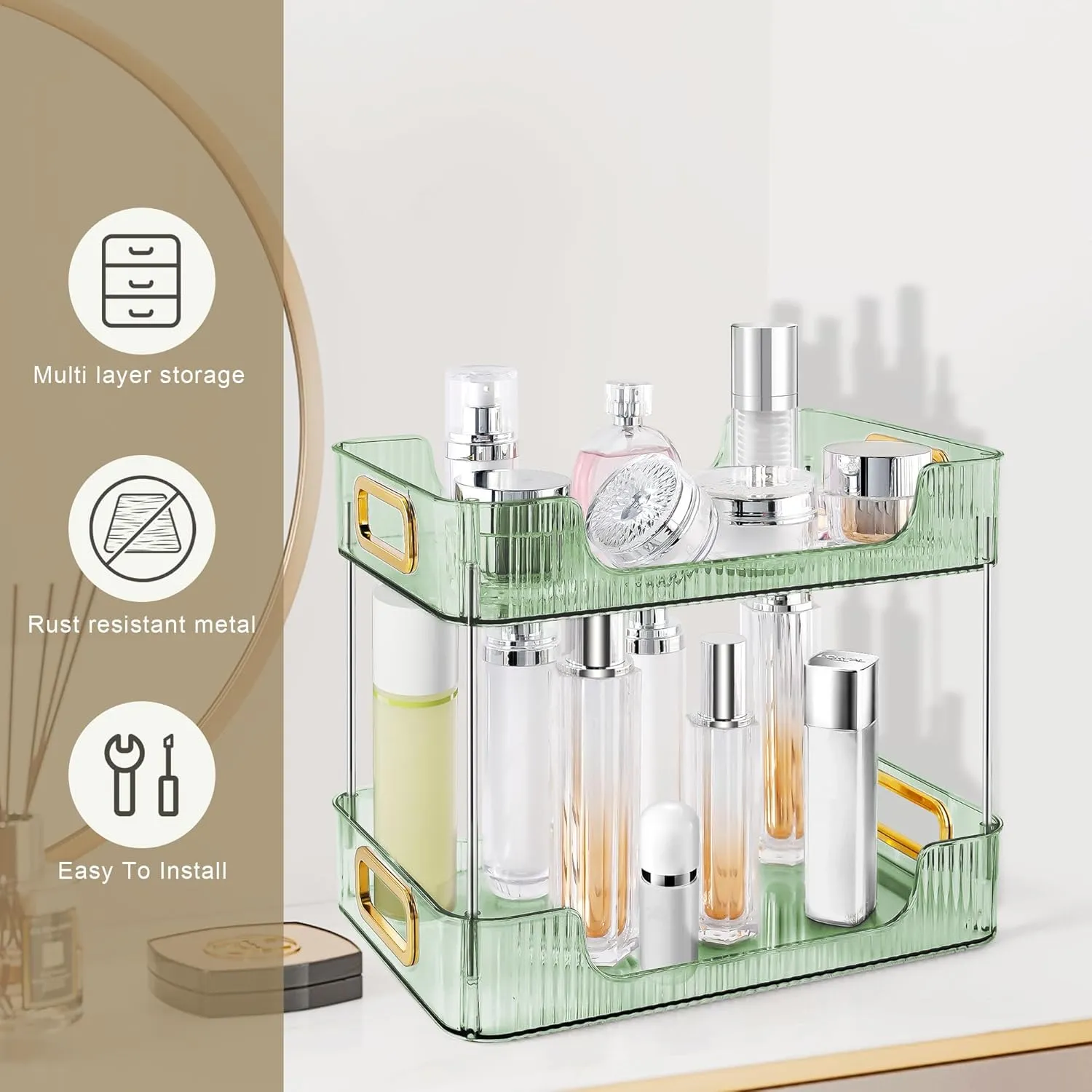 2-Tier Bathroom Counter Organizer Countertop Storage, Dresser Organizer Vanity Tray for Makeup, Perfume Organizer Cosmetics Skincare Shelf - Green