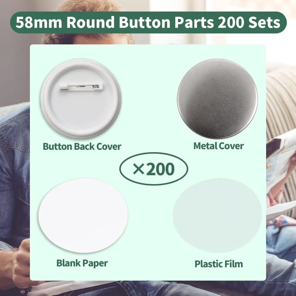200 Sets 58mm/2.25 inch Button Supplies Button Parts for Button Maker Machine 58mm, Round Badge Blank Button Pins, Includes Plastic Button Pin Back Cover, Metal Cover, Clear Film&Blank Paper