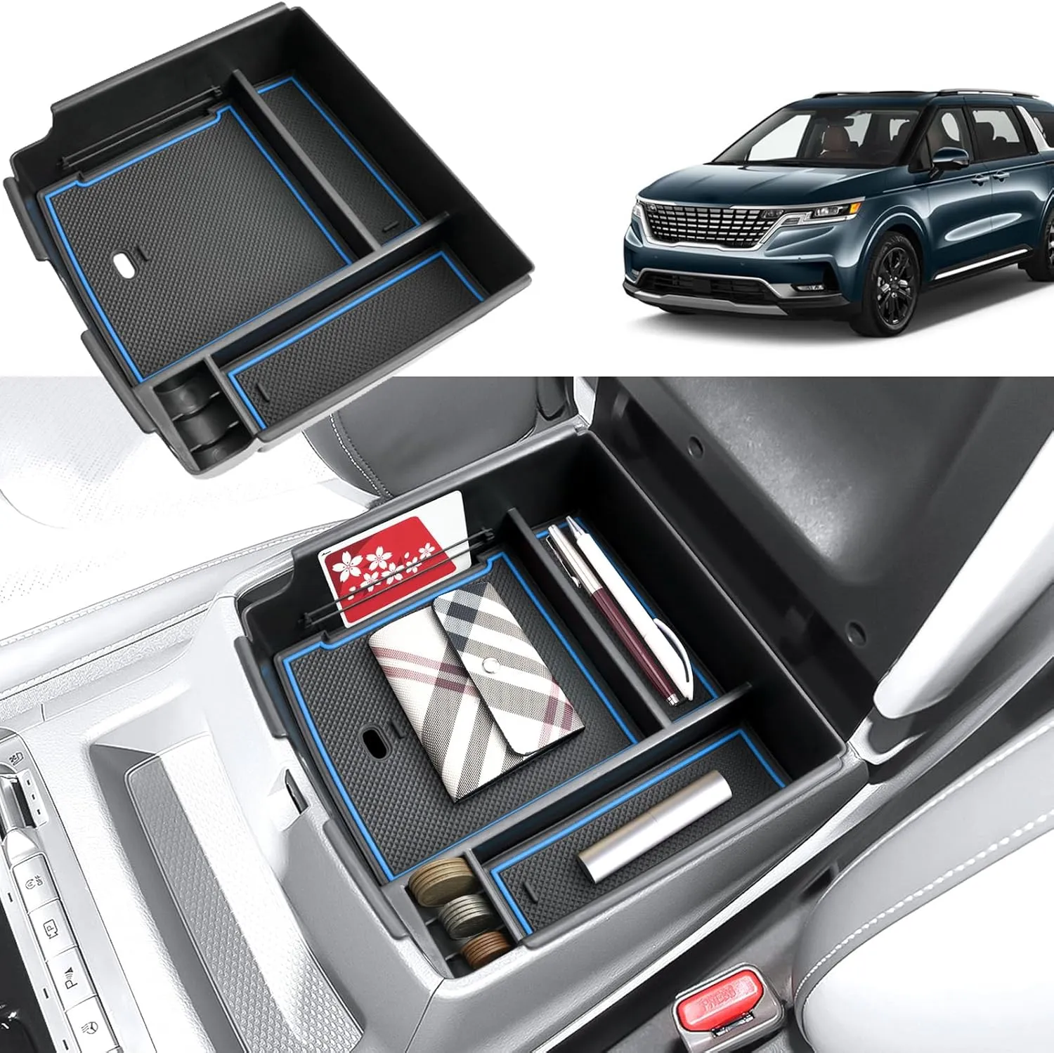 2022-2024 2025 Carnival Center Console Organizer for Kia Carnival (EX/SX/SX Prestige/LX/LXS),Durable ABS Plastic &Anti-Slip Rubber 2024 Carnival Console Tray 2025 Carnival Accessories (Blue)
