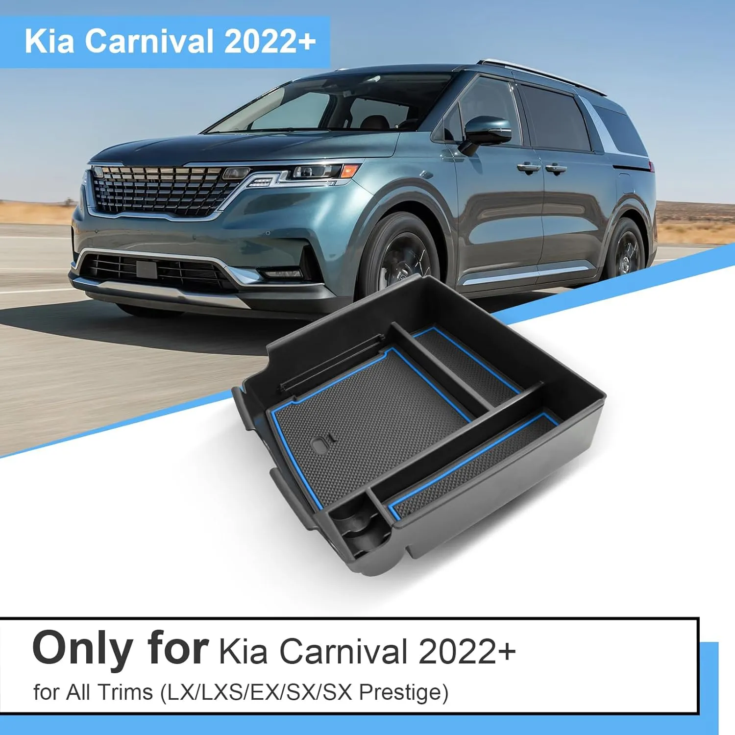 2022-2024 2025 Carnival Center Console Organizer for Kia Carnival (EX/SX/SX Prestige/LX/LXS),Durable ABS Plastic &Anti-Slip Rubber 2024 Carnival Console Tray 2025 Carnival Accessories (Blue)